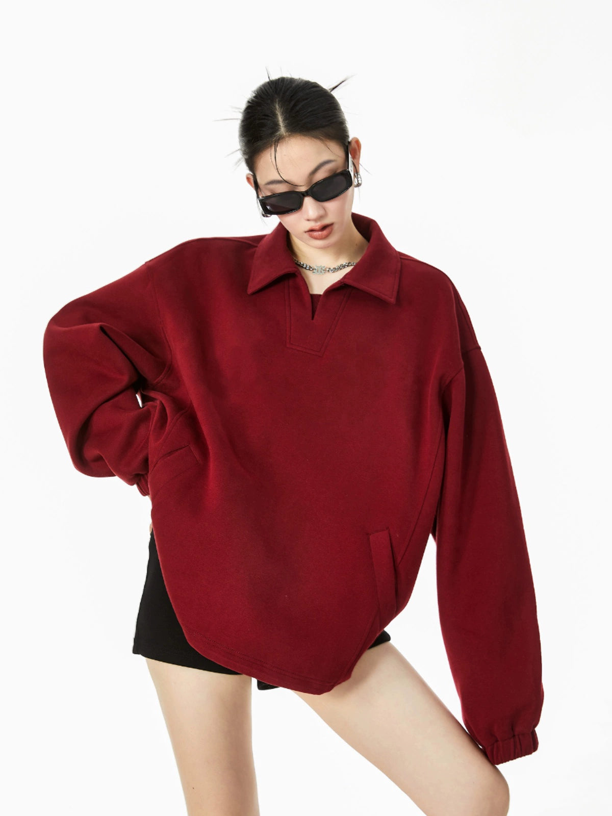 ICH MODE 美式POLO领纯色卫衣2025年秋冬新款慵懒风宽松上衣女款