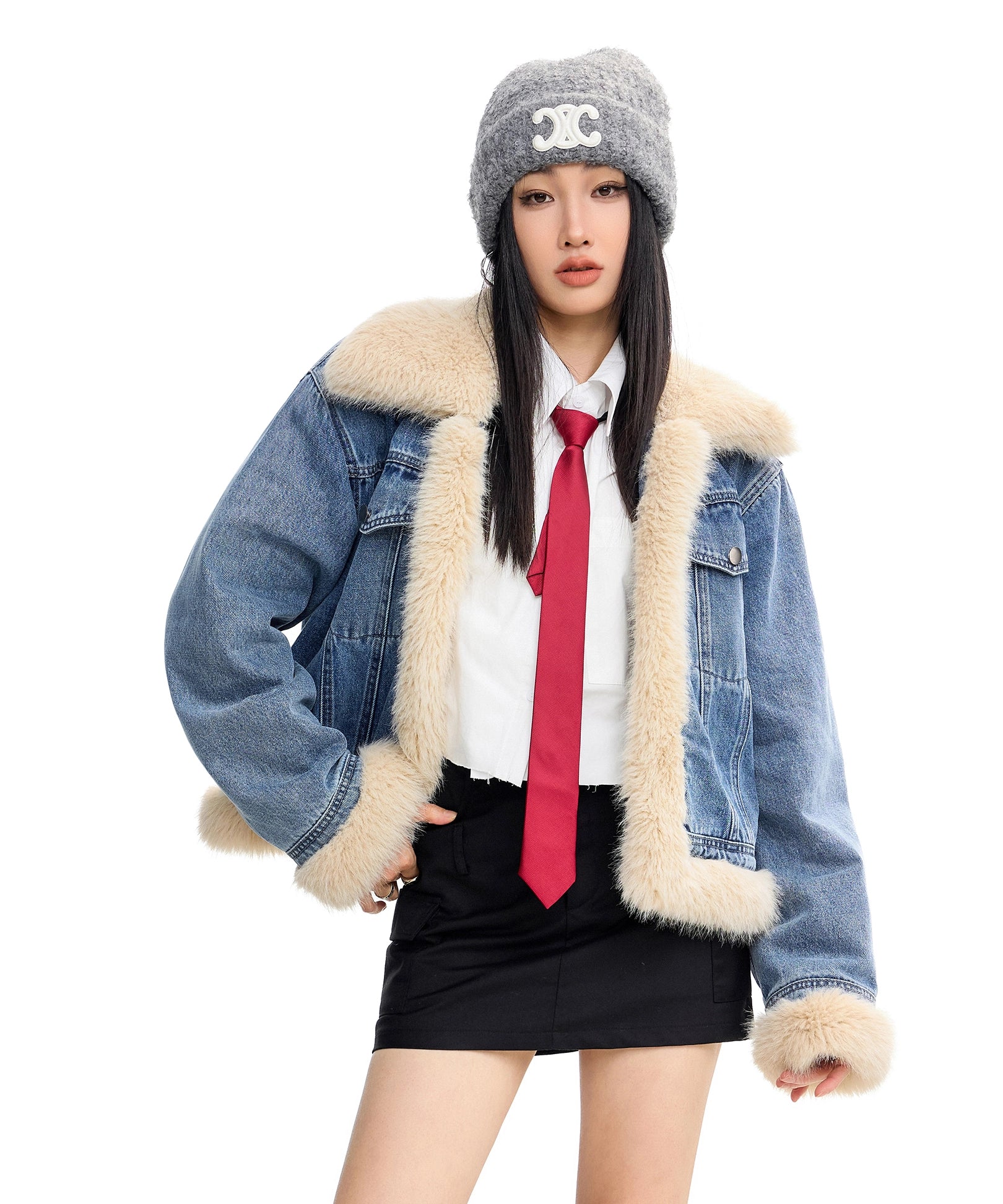 ICH MODE 美式复古毛领短款牛仔外套女秋冬季小香风夹克棉服上衣