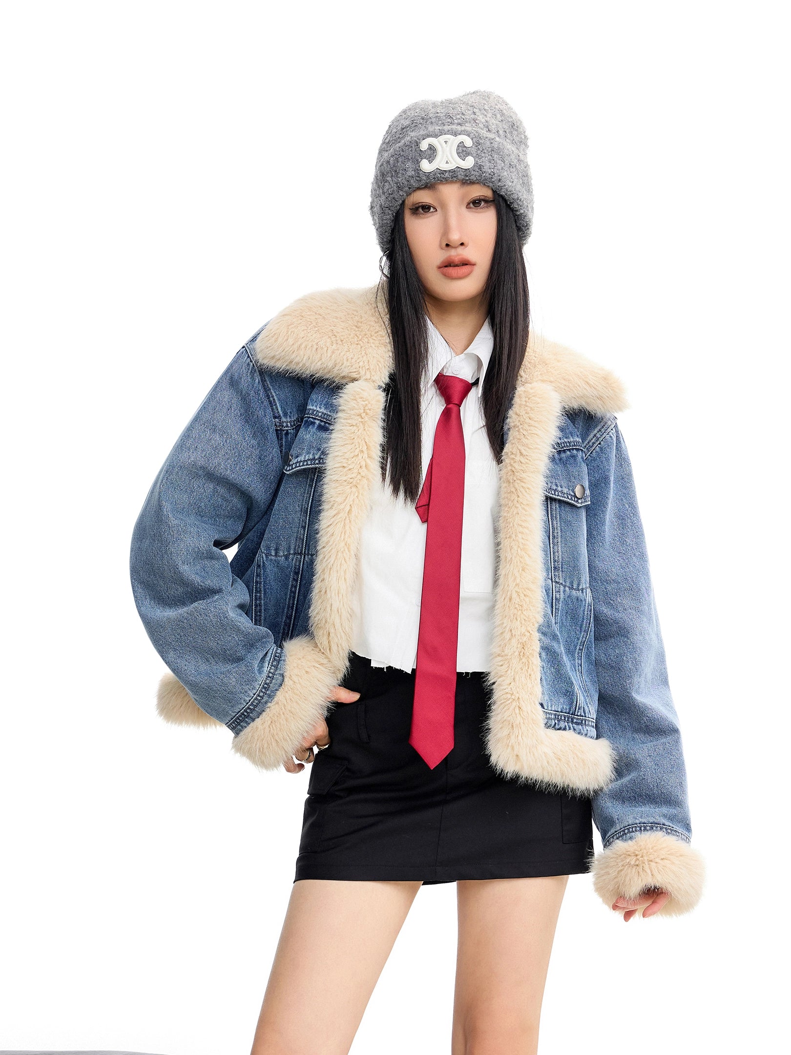 ICH MODE 美式复古毛领短款牛仔外套女秋冬季小香风夹克棉服上衣