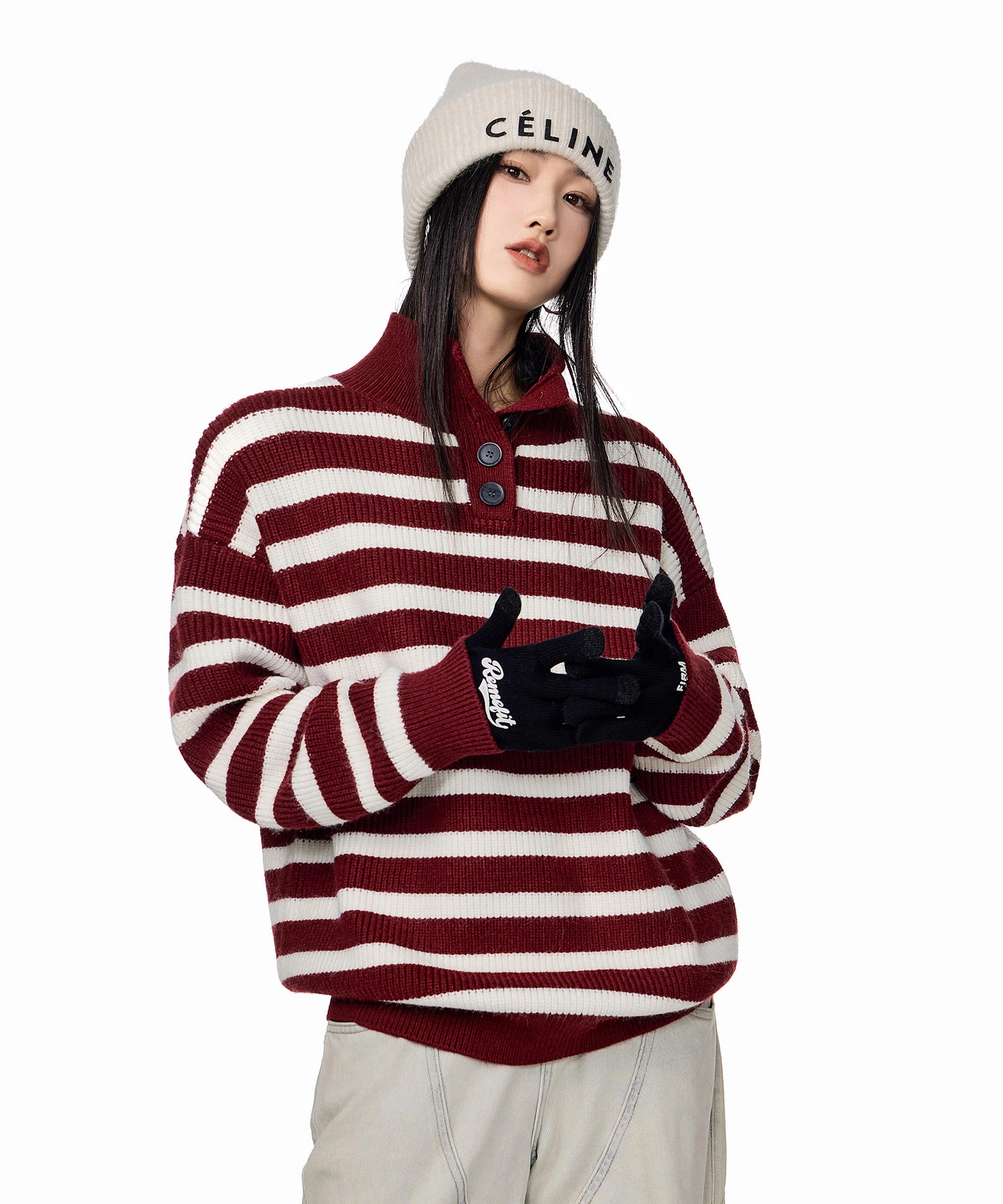 ICH MODE 美式复古POLO领条纹针织衫女秋冬宽松高领毛衣打底上衣