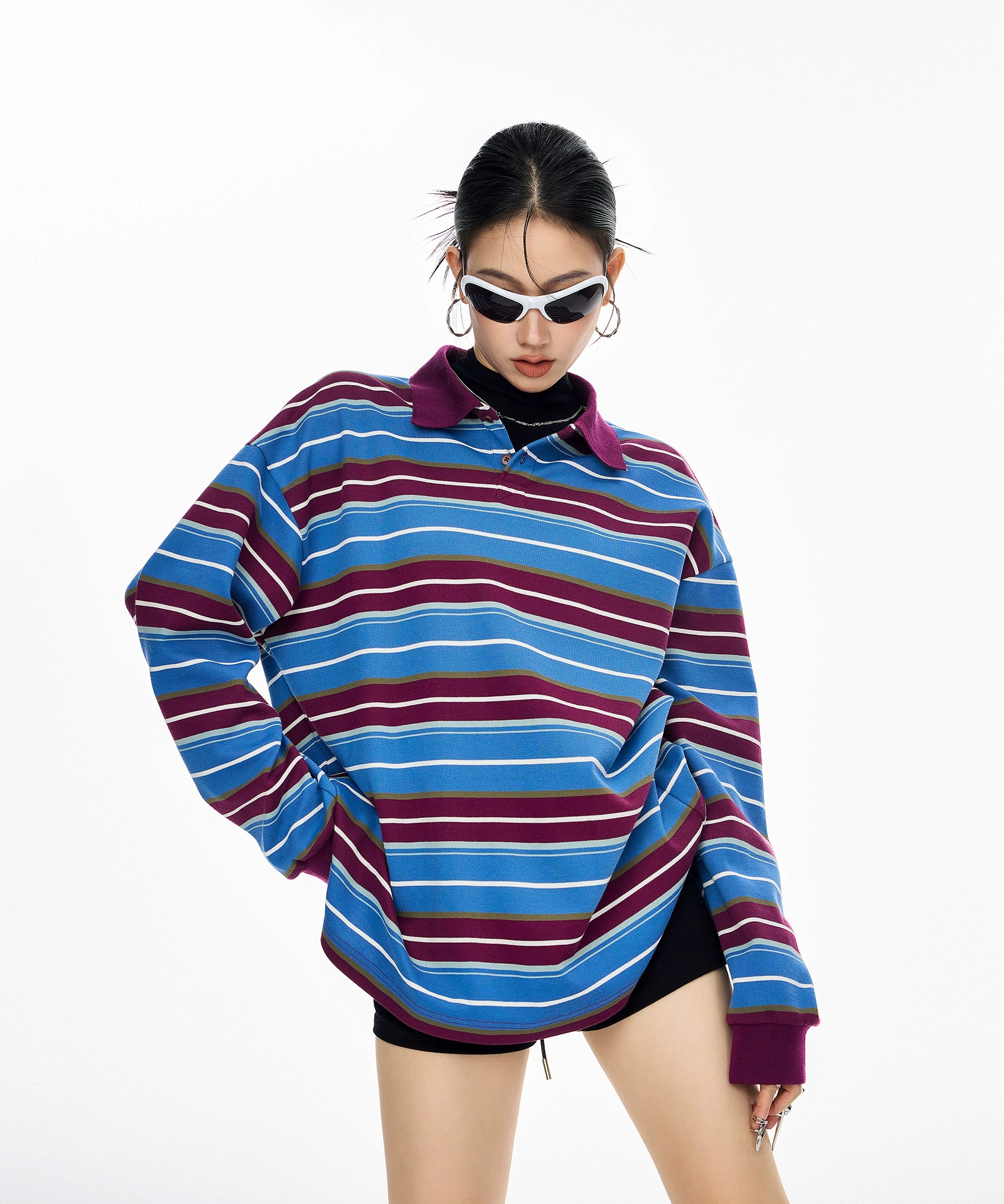 ICH MODE 美式复古条纹撞色翻领T恤女2025新款POLO衫宽松长袖上衣