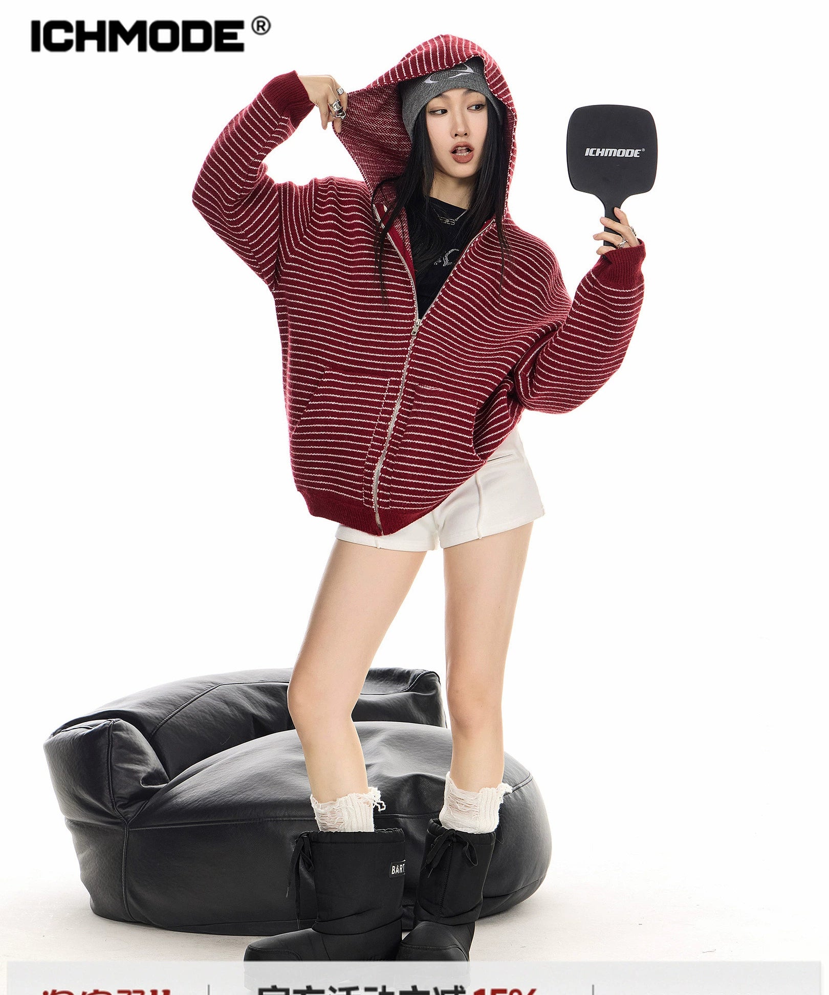 ICH MODE 美式复古条纹连帽毛针织开衫女秋冬季外搭宽松毛衣外套