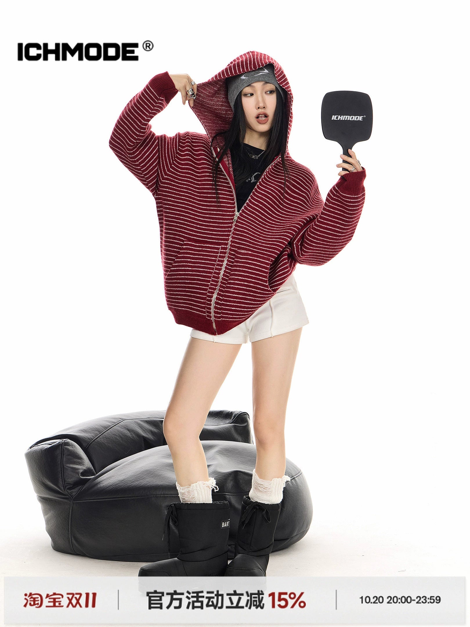 ICH MODE 美式复古条纹连帽毛针织开衫女秋冬季外搭宽松毛衣外套