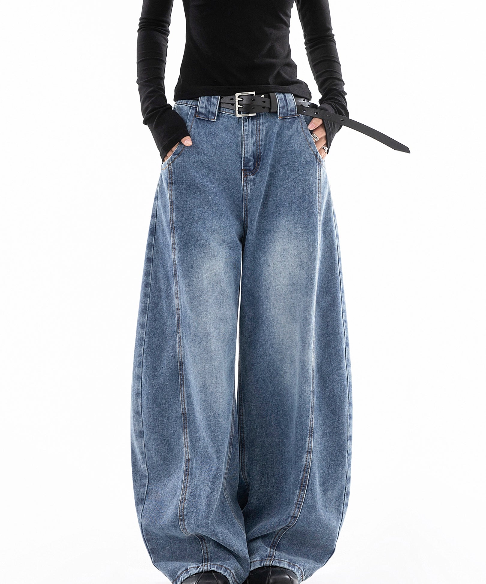 ICH MODE 美式复古直筒宽松牛仔裤女新款流行弯刀裤休闲阔腿裤子