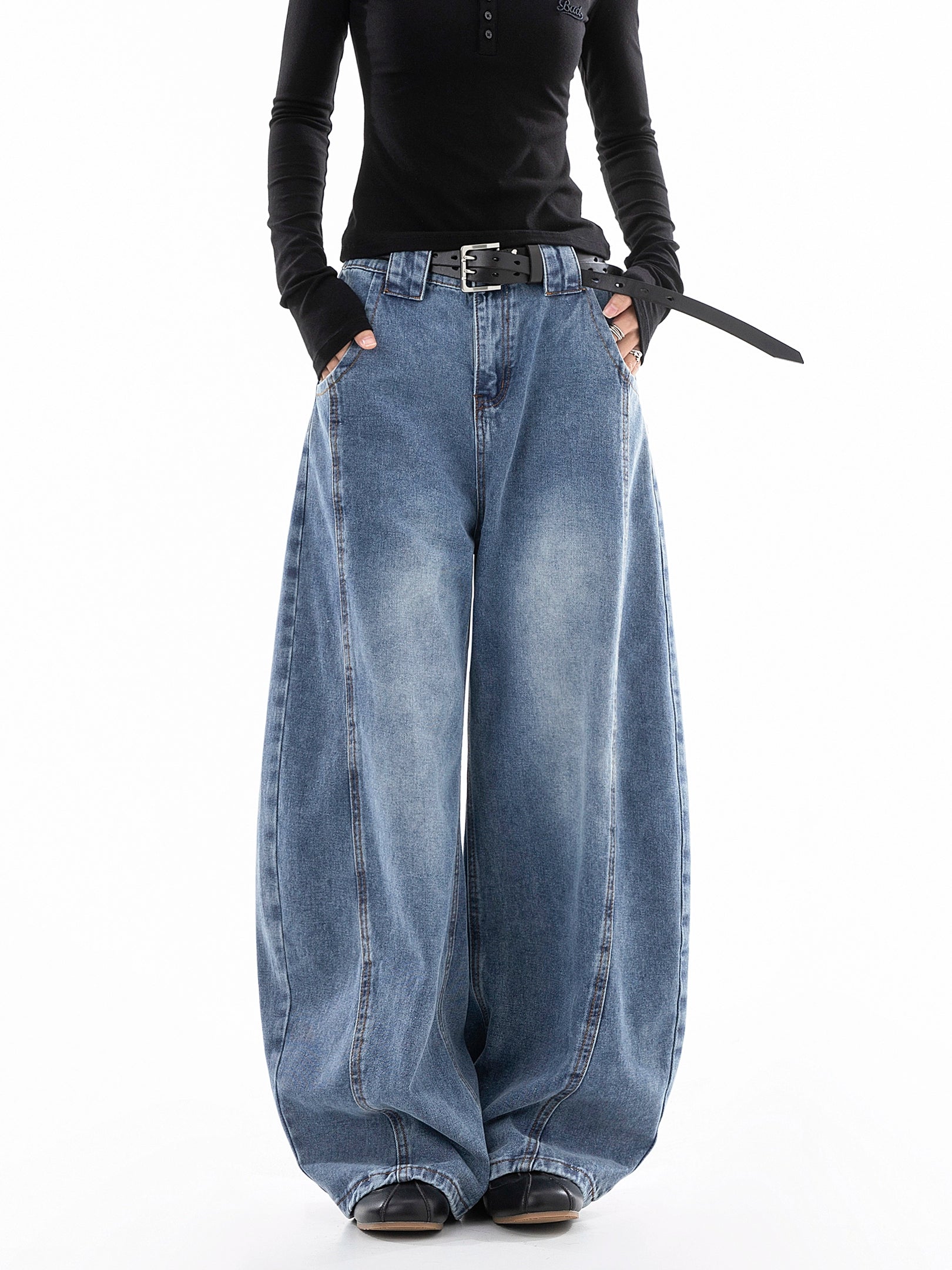 ICH MODE 美式复古直筒宽松牛仔裤女新款流行弯刀裤休闲阔腿裤子