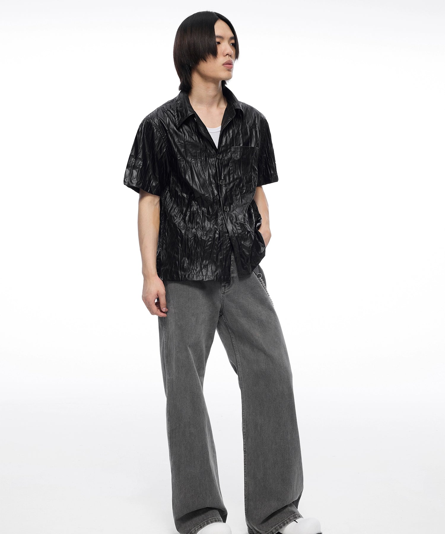 皮感肌理褶皱短袖衬衫定制金属纽扣boxy版型男TERRAINCOGNITA24SS