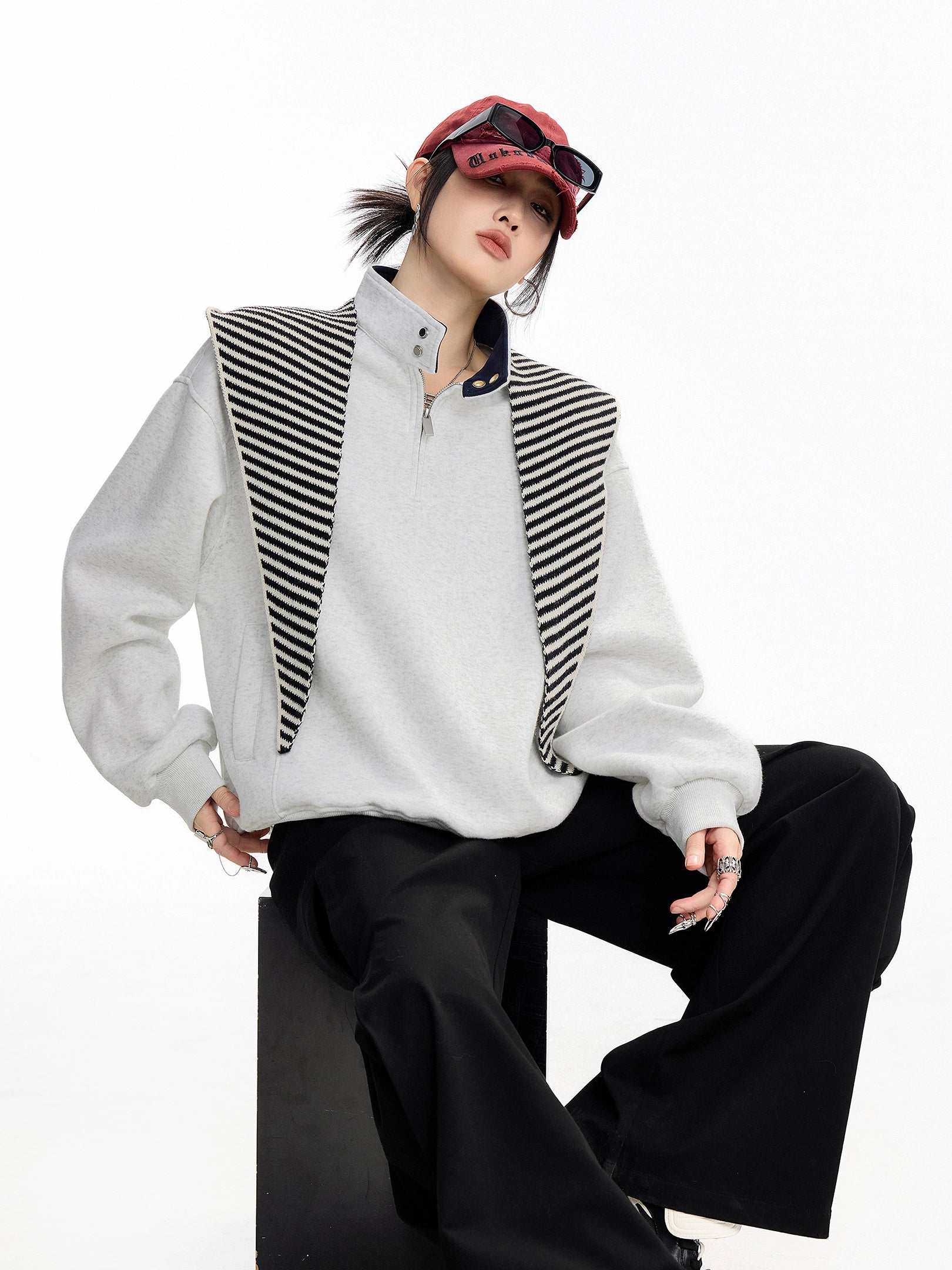 ICH MODE 美式复古撞色立领卫衣女2025新款秋冬季半拉链上衣外套