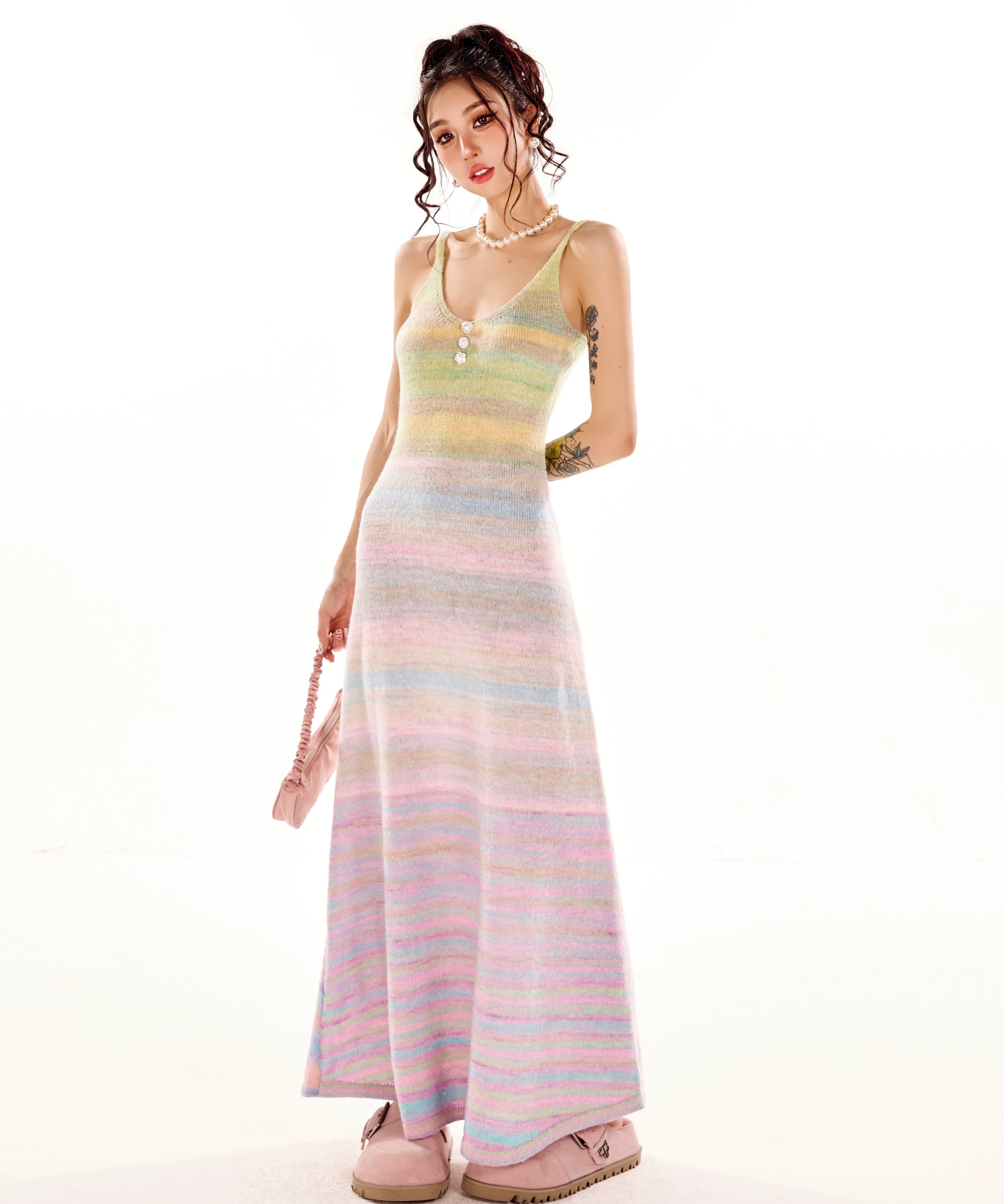 野生zerocircle彩虹v领吊带连衣裙女春夏设计感显瘦修身a字长裙子