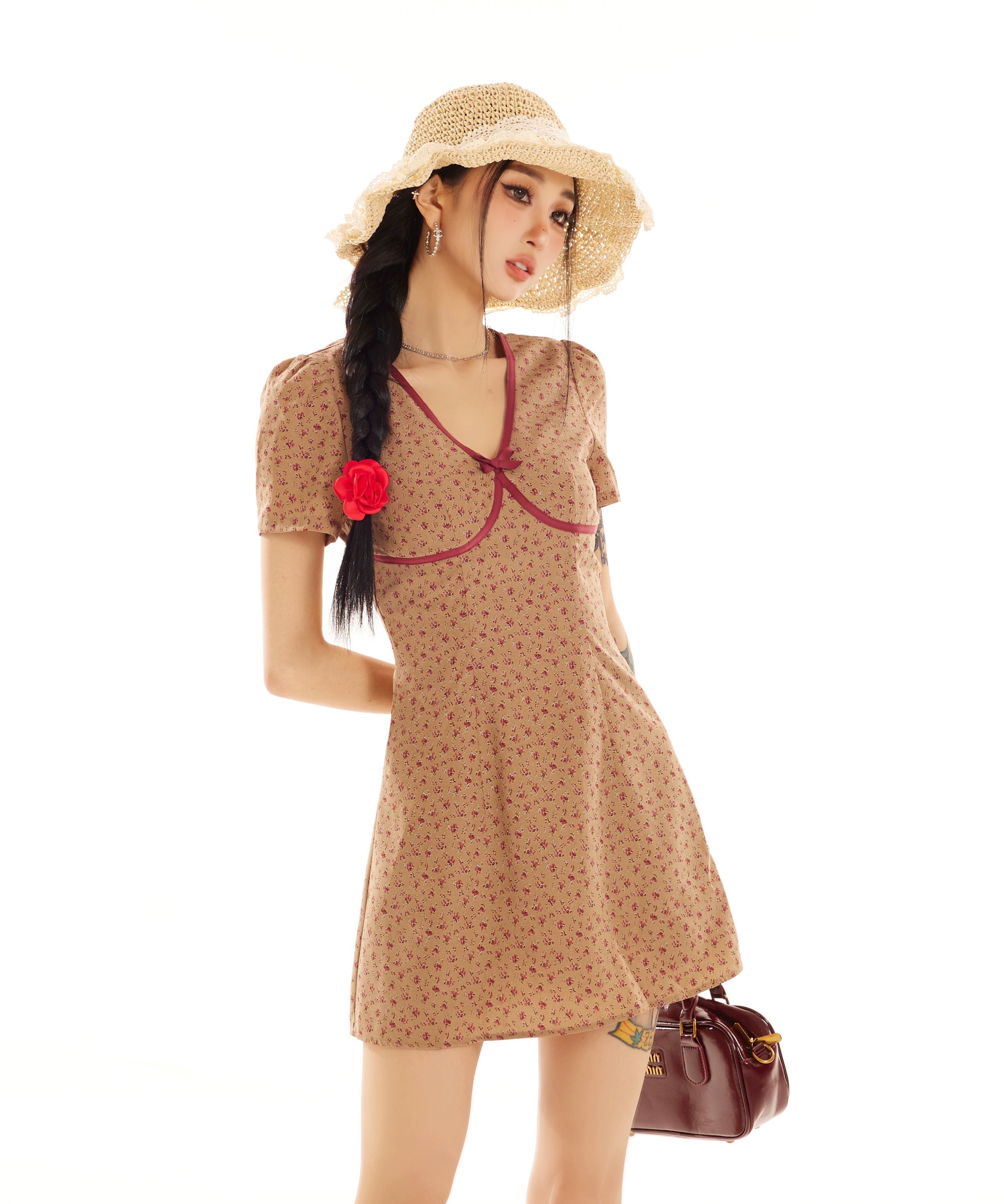 野生zerocircle 咖色碎花v领短袖连衣裙女夏设计感修身显瘦短裙子