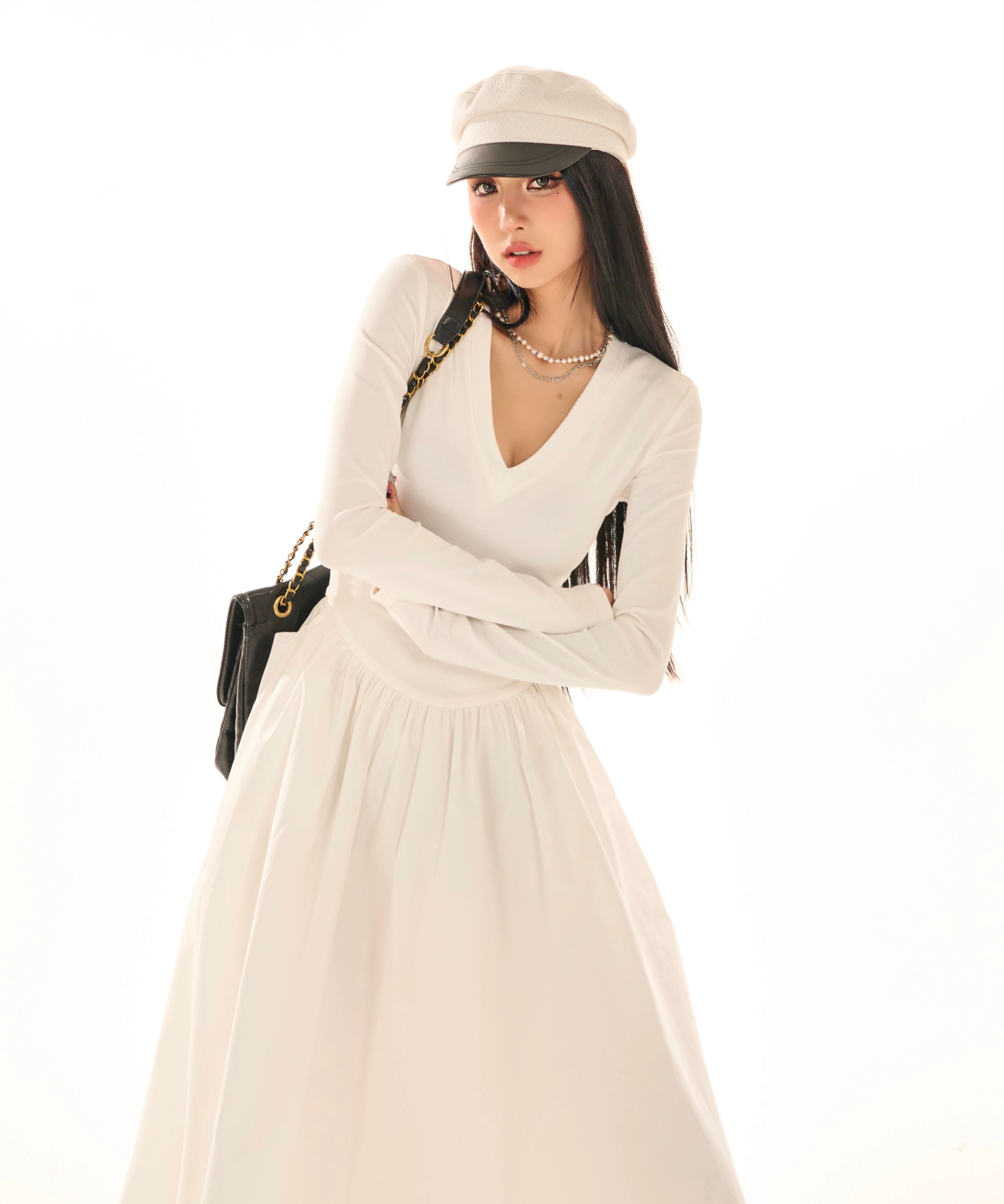 野生zerocircle黑白色v领长袖连衣裙女春夏辣妹修身显瘦a字长裙子