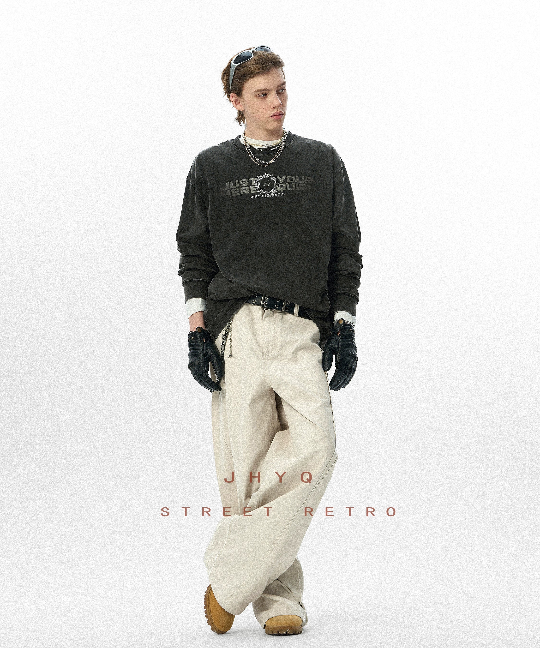 水洗系列丨JHYQ美式字母荆棘印花320gT恤男重磅圆领复古做旧卫衣