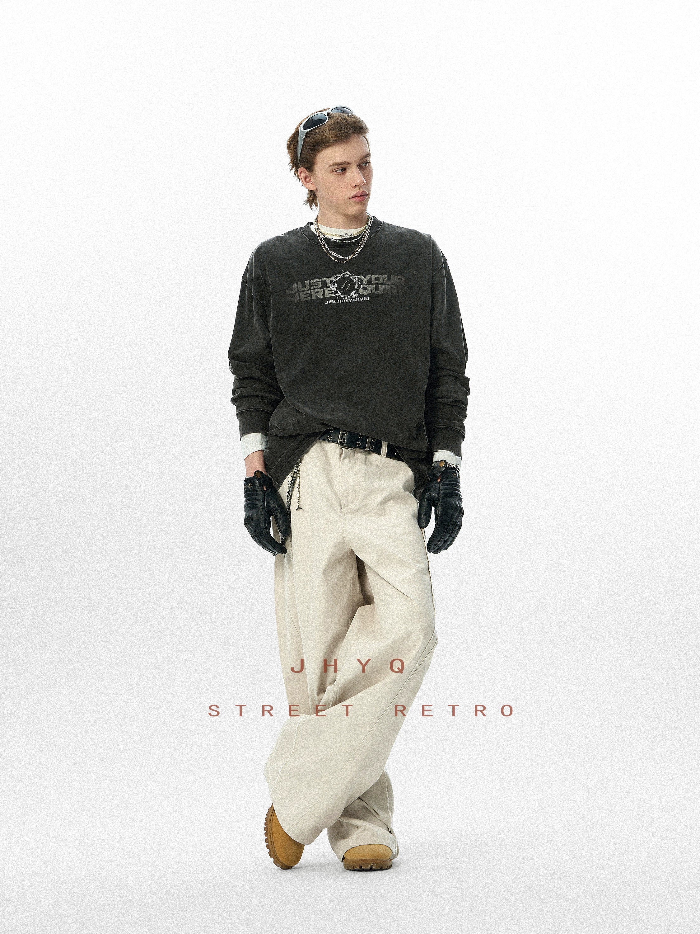 水洗系列丨JHYQ美式字母荆棘印花320gT恤男重磅圆领复古做旧卫衣