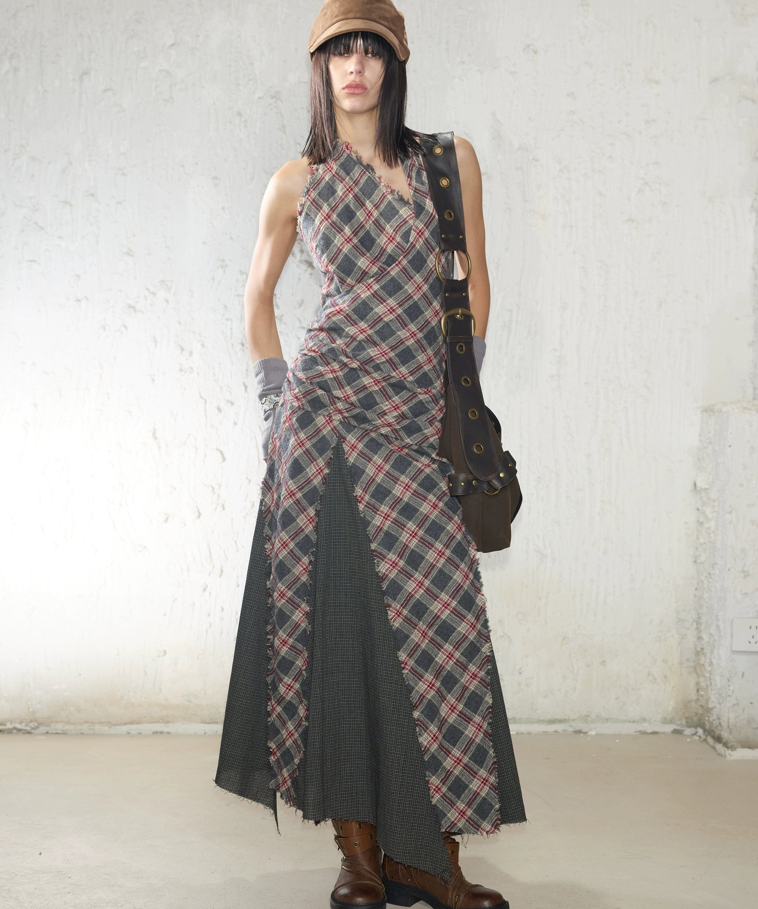 2th Desire流浪风羊毛复古格纹拼接挂脖连衣裙 干洗羊毛请勿水洗