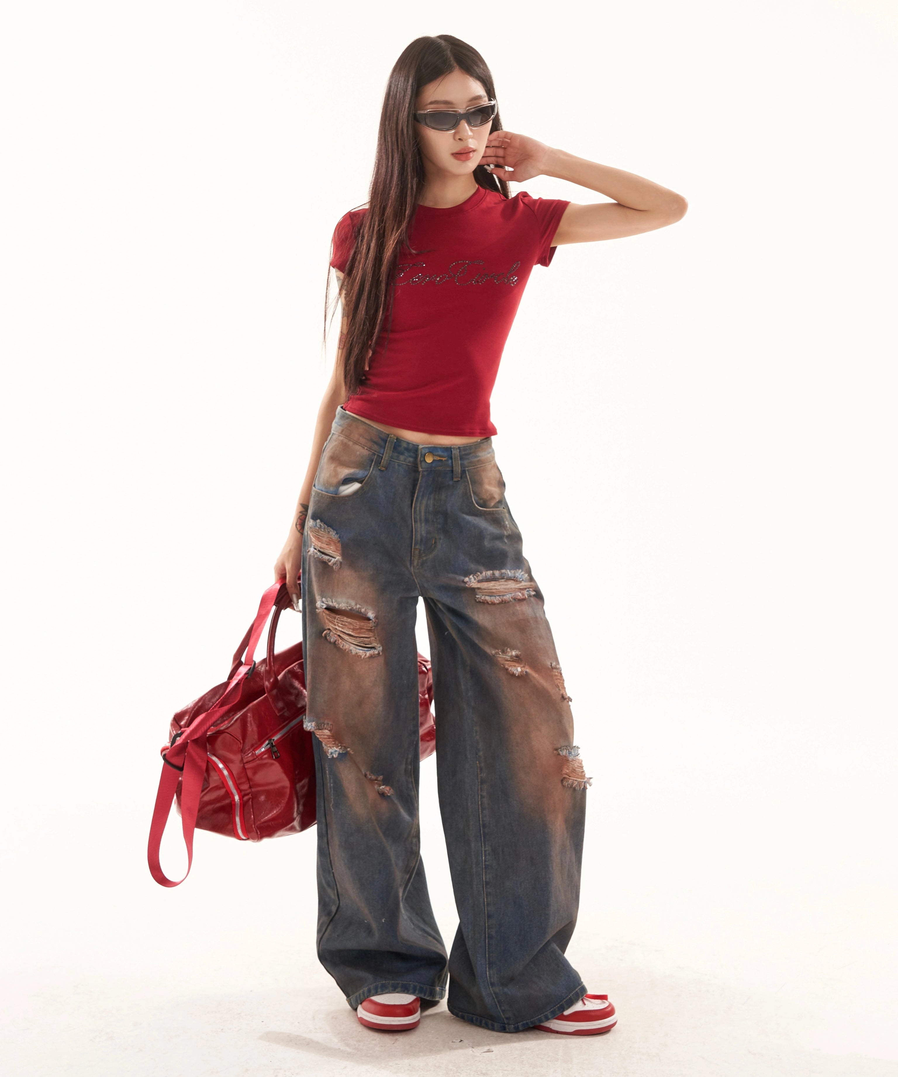 野生zero复古水洗破洞牛仔裤女夏设计感高街显瘦阔腿宽松直筒裤子