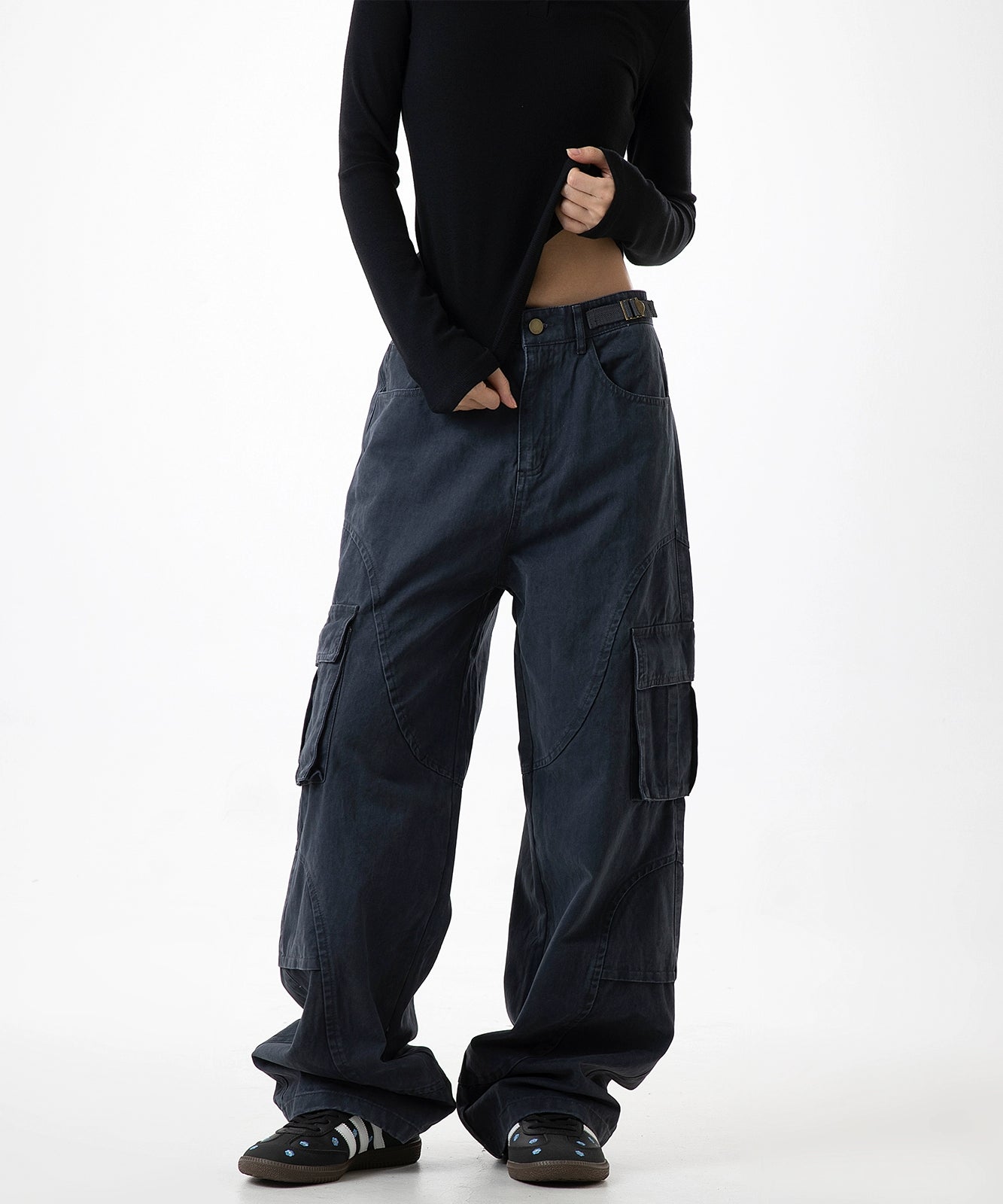 ICH MODE 美式复古口袋工装裤女宽松直筒阔腿运动休闲裤2025新款