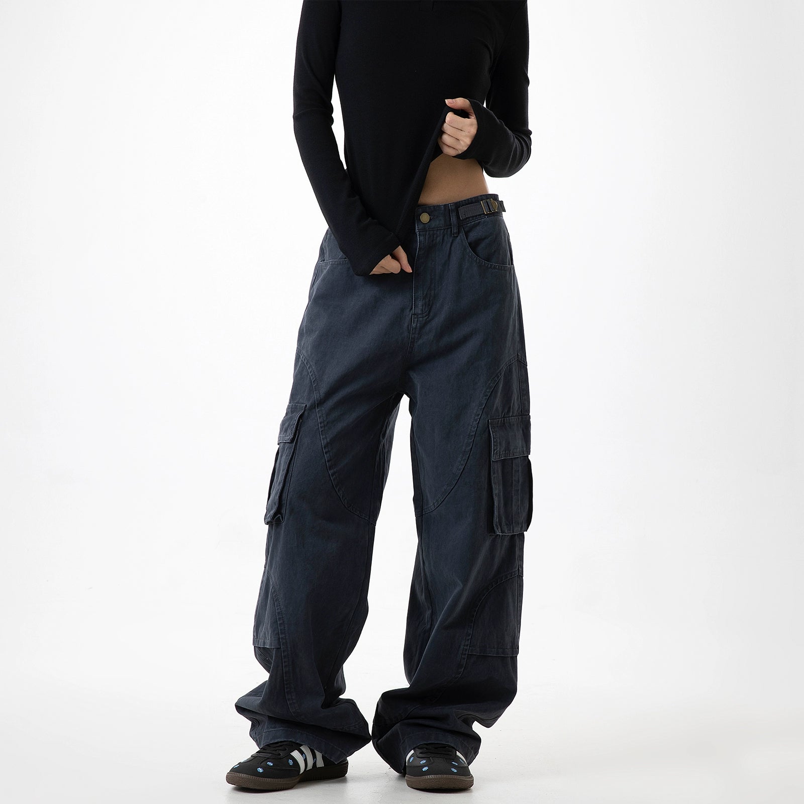 ICH MODE 美式复古口袋工装裤女宽松直筒阔腿运动休闲裤2025新款