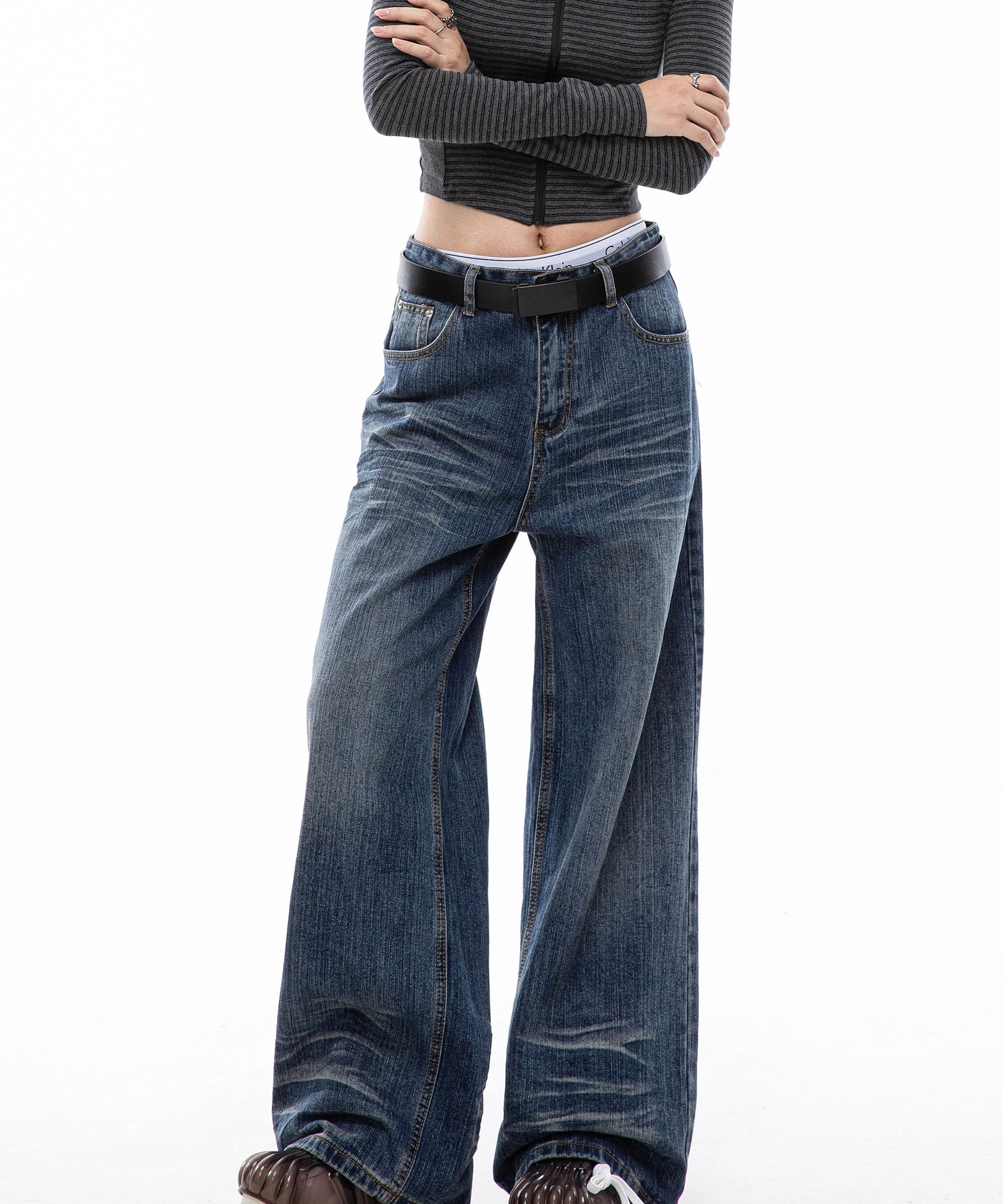 ICH MODE 美式复古水洗蓝牛仔裤女秋冬宽松直筒裤百搭休闲阔腿裤