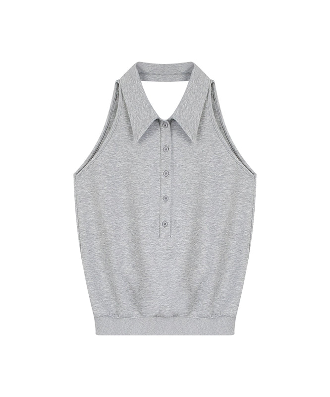 野生zero 黑灰色无袖背心女夏设计感辣妹宽松polo领露背镂空上衣