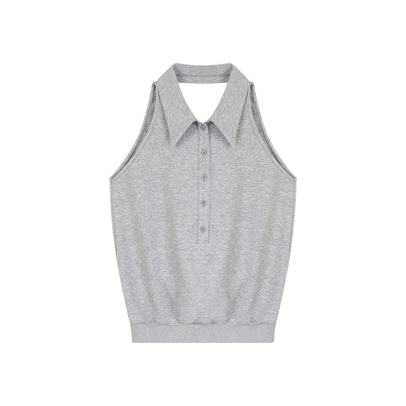 野生zero 黑灰色无袖背心女夏设计感辣妹宽松polo领露背镂空上衣