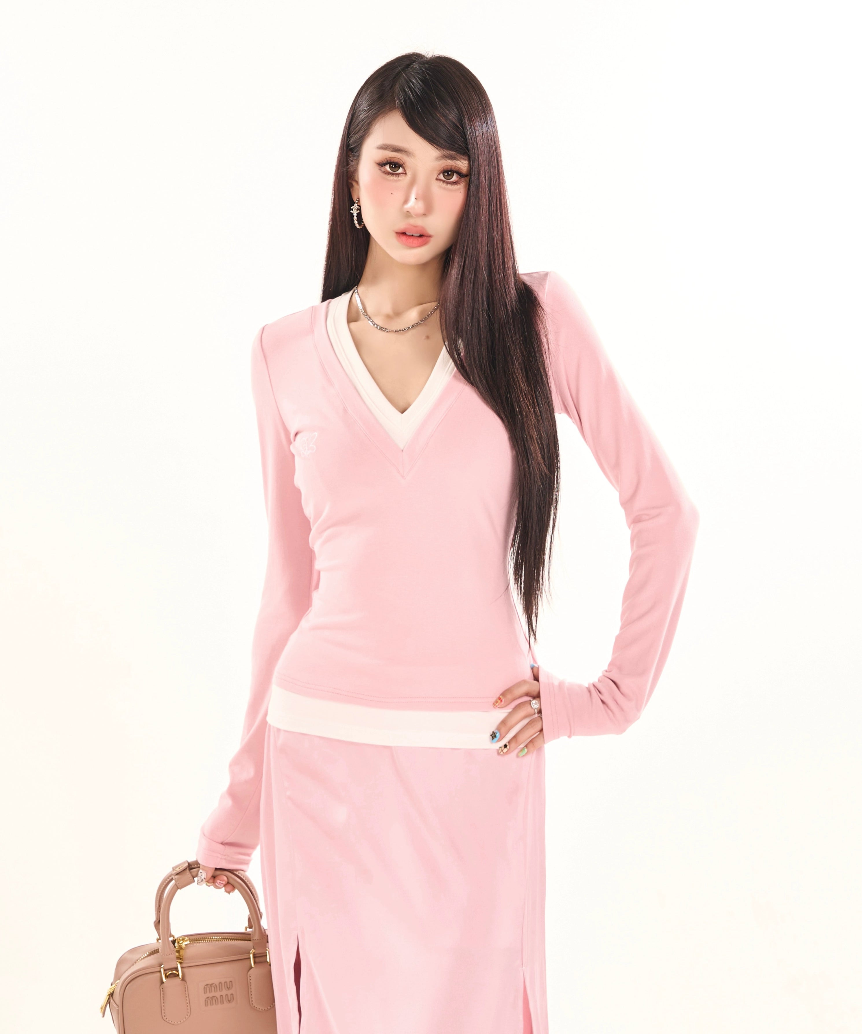 野生zerocircle 粉蓝灰色假两件针织衫女春秋韩系修身显瘦v领上衣