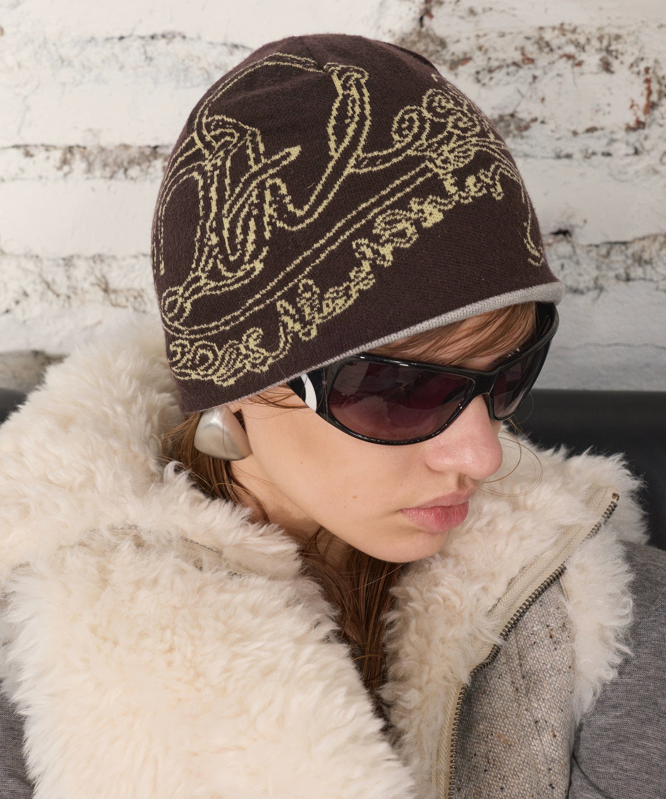 2th Desire设计感撞色印花双面戴针织毛线帽冬季保暖包头帽冷帽