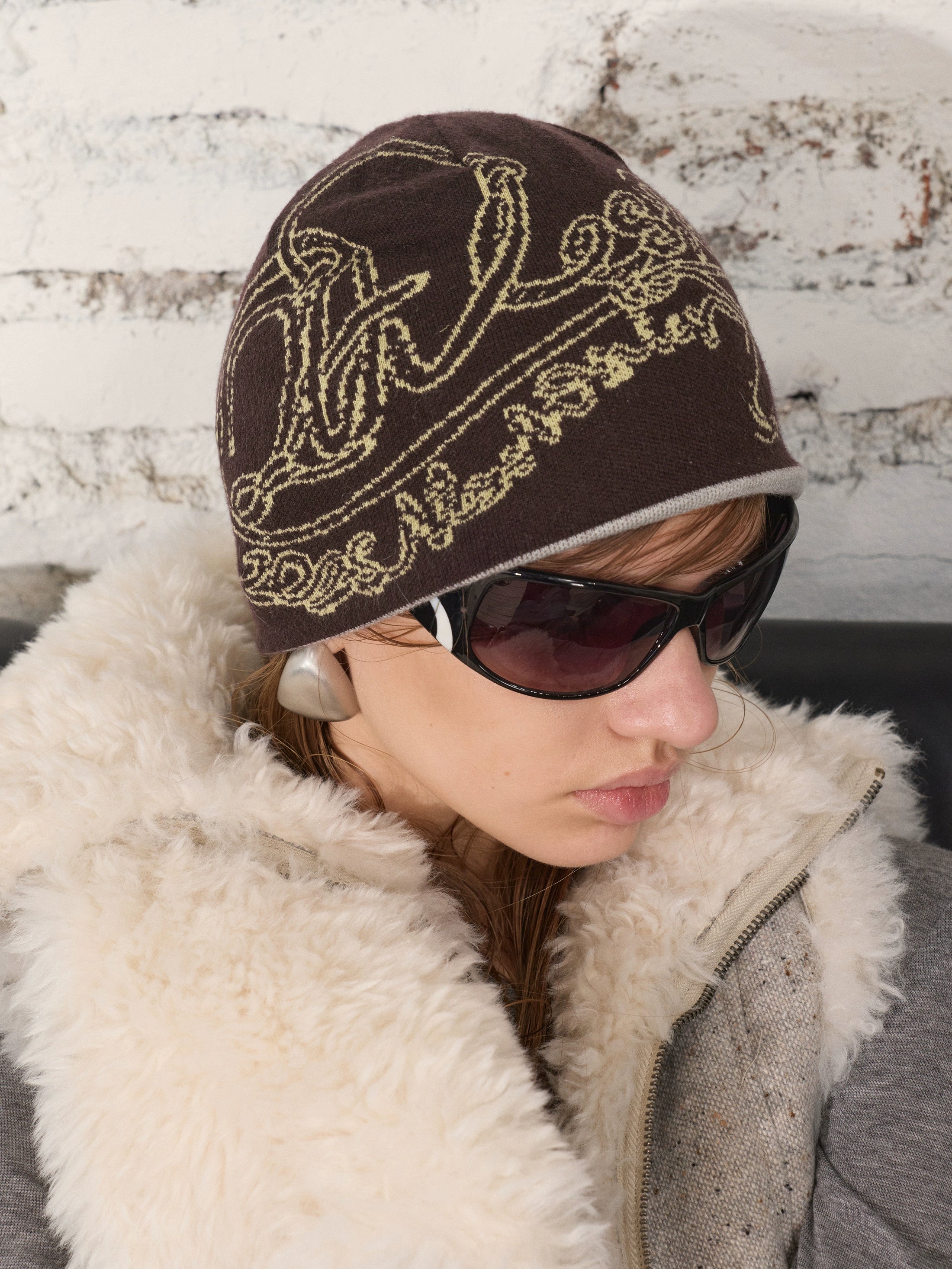 2th Desire设计感撞色印花双面戴针织毛线帽冬季保暖包头帽冷帽