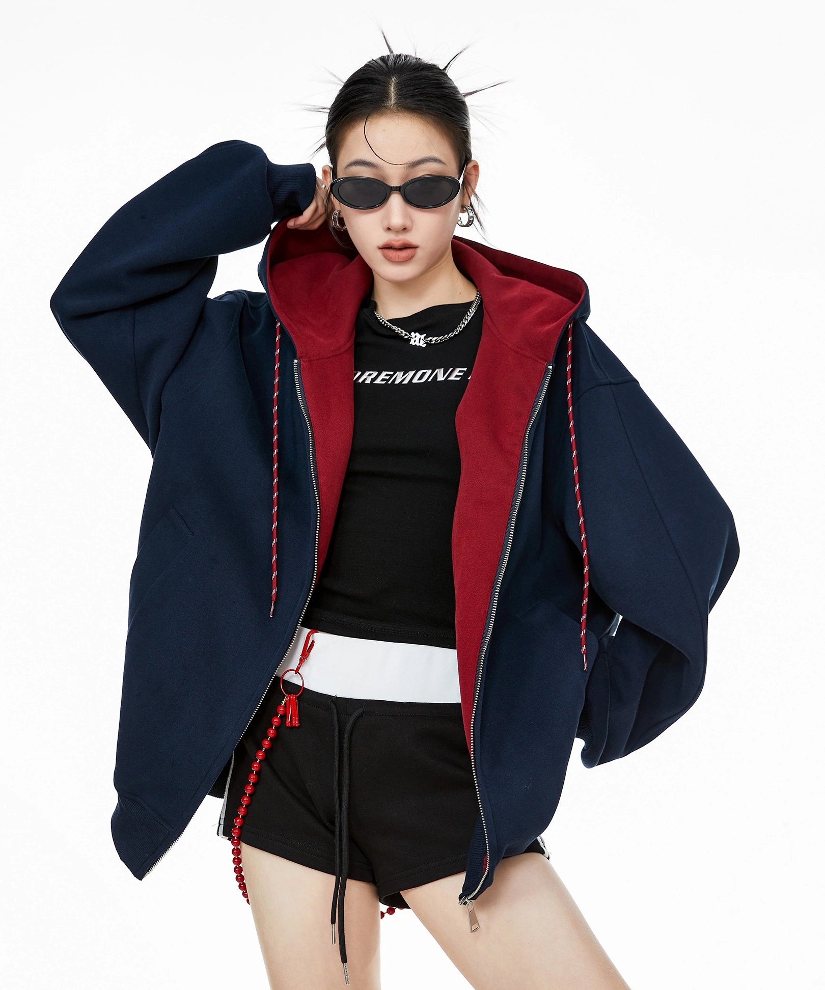 ICH MODE 美式复古拼色加绒连帽卫衣女秋冬开衫卫衣宽松休闲上衣