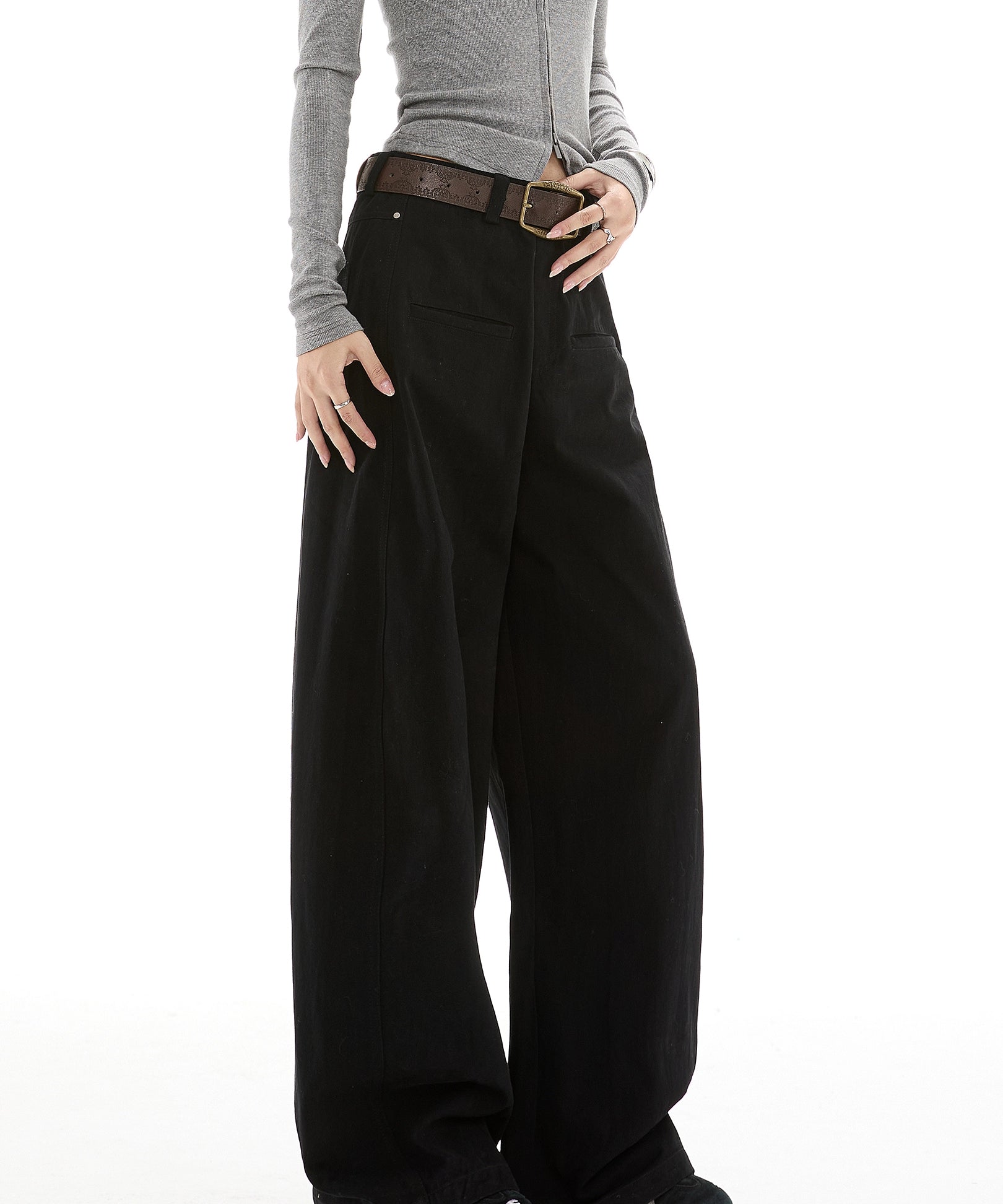 ICH MODE 美式复古卡其色休闲裤女直筒宽松阔腿裤运动裤百搭裤子