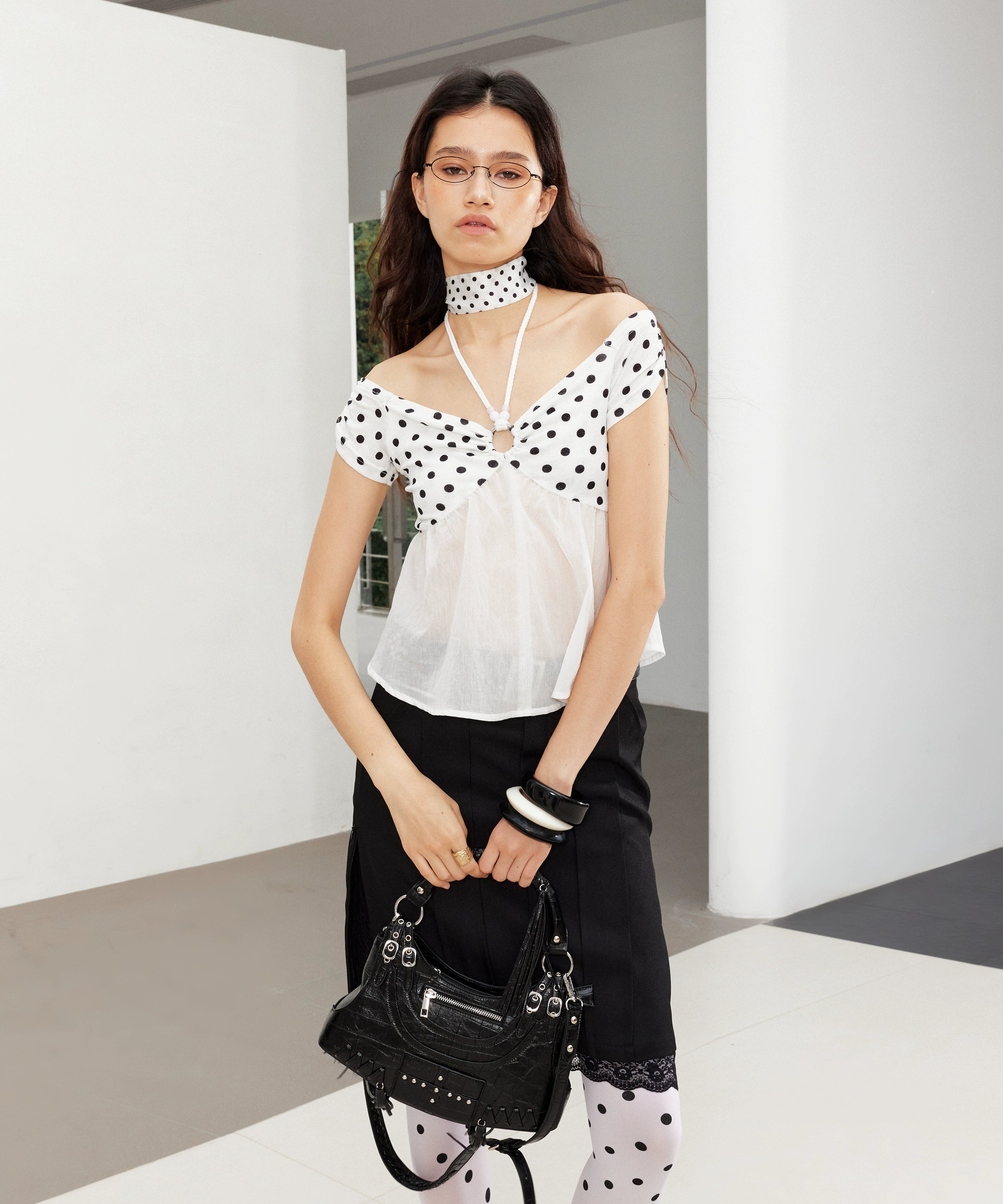 2th Desire豹纹波点微透泛光麻绳串珠度假一字肩弹力挂脖吊带上衣