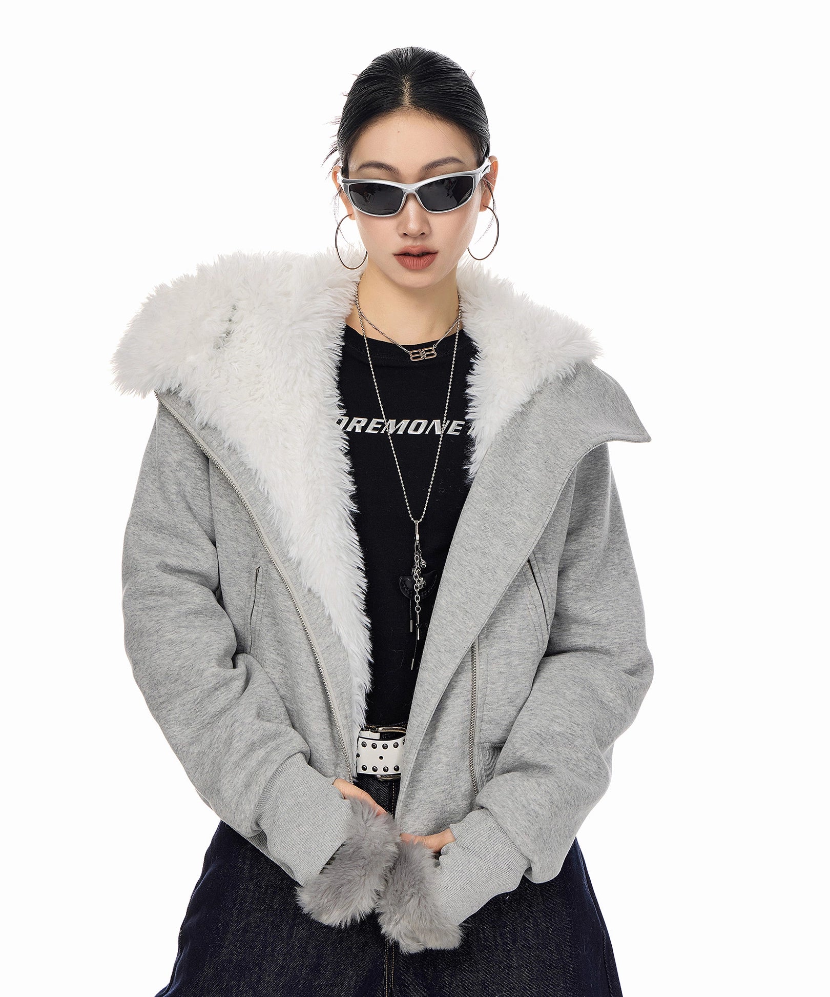 ICH MODE 美式复古毛绒内胆毛领棉服女2025冬季新款修身短款棉衣