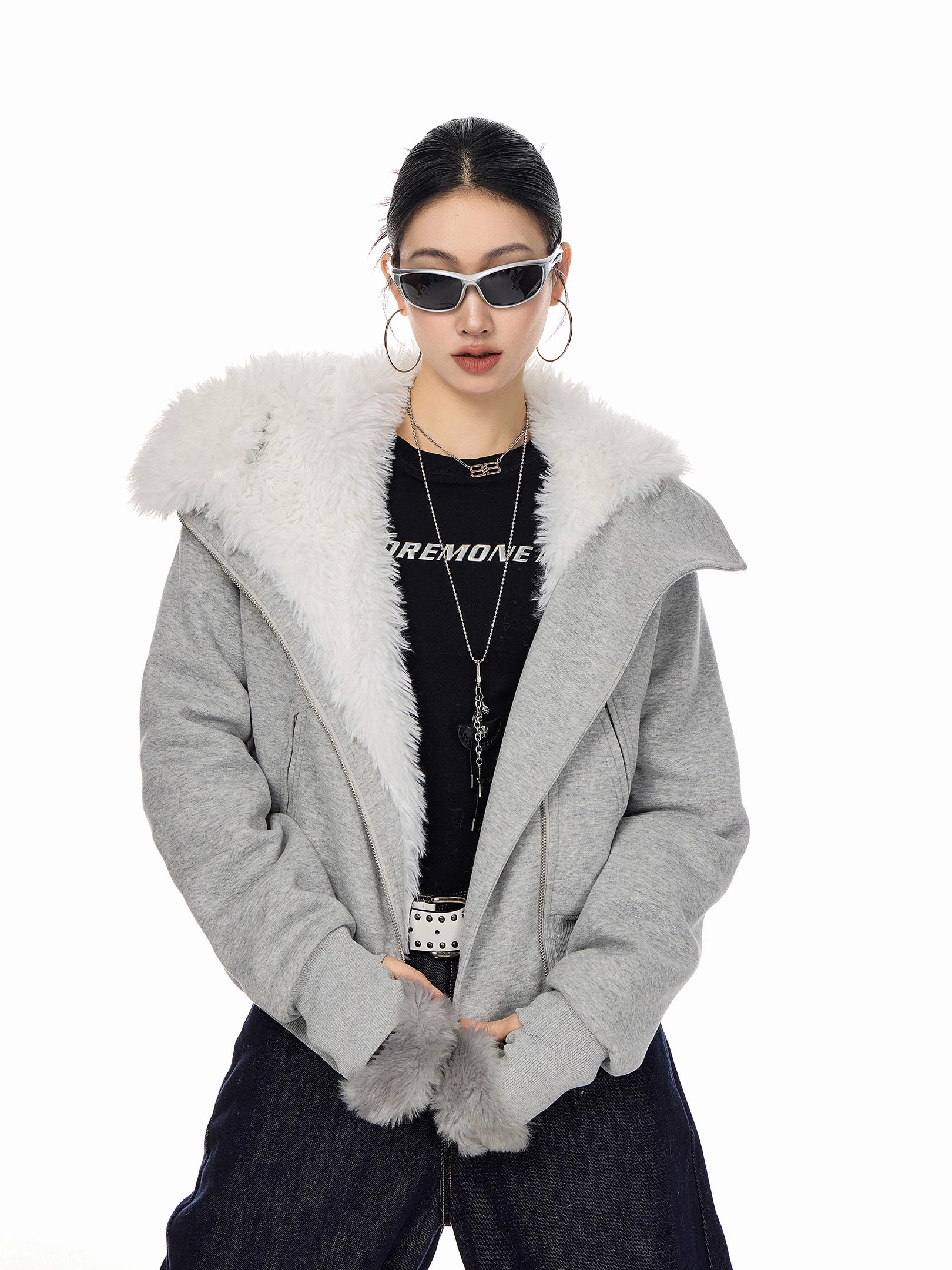 ICH MODE 美式复古毛绒内胆毛领棉服女2025冬季新款修身短款棉衣