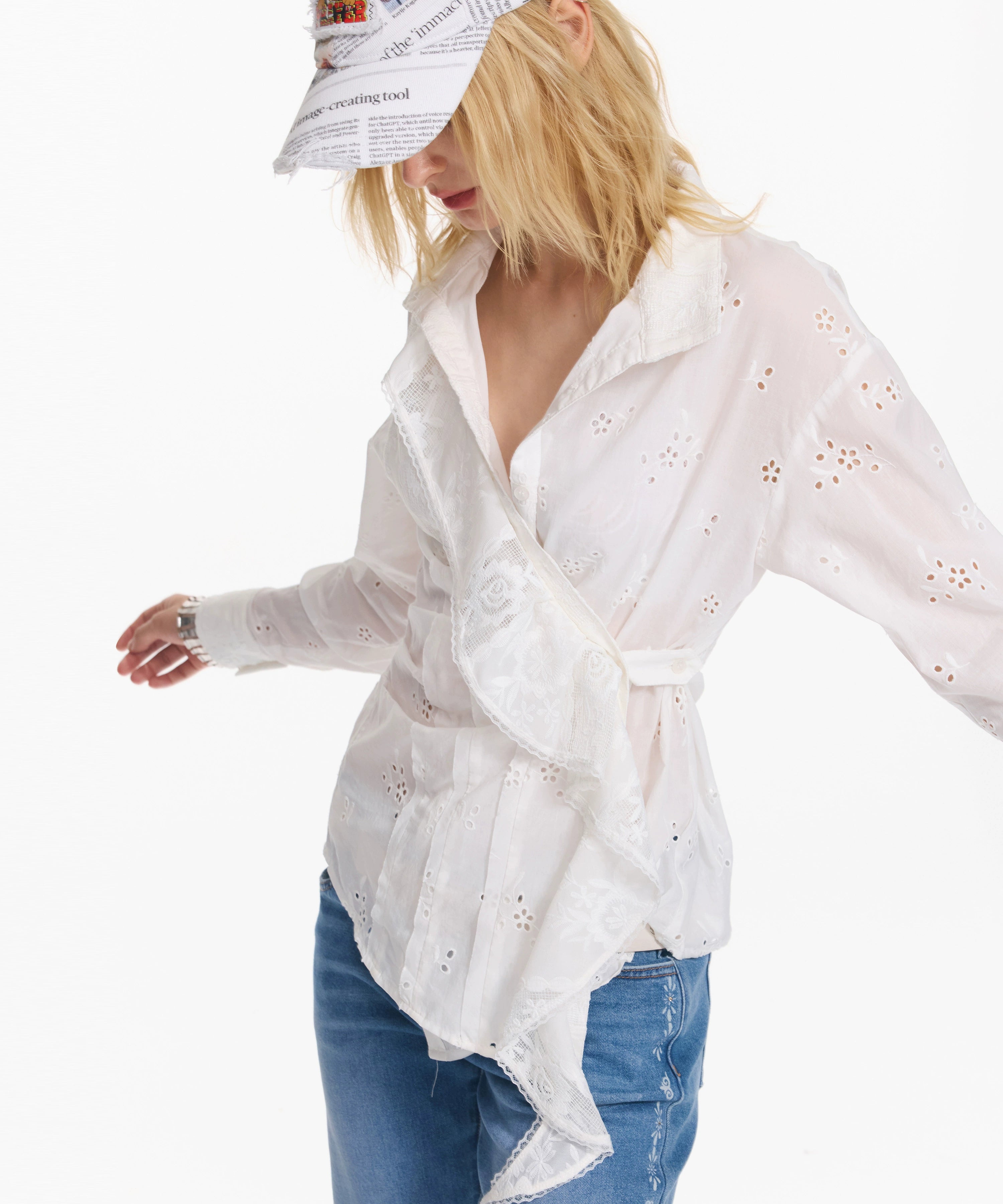 2th Desire 镂空绣花格纹不规则设计荷叶边宽松可收腰松弛感衬衫