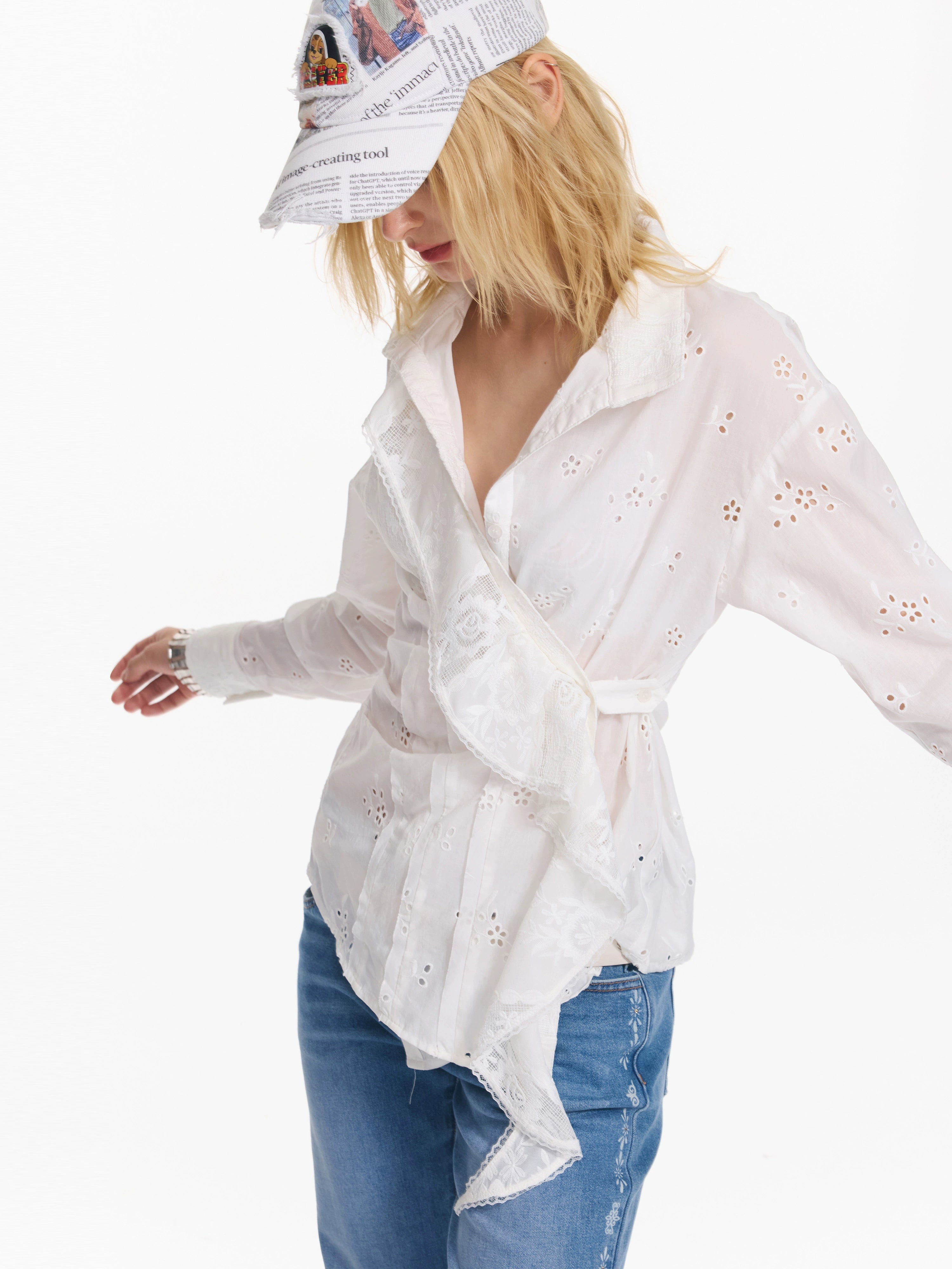 2th Desire 镂空绣花格纹不规则设计荷叶边宽松可收腰松弛感衬衫