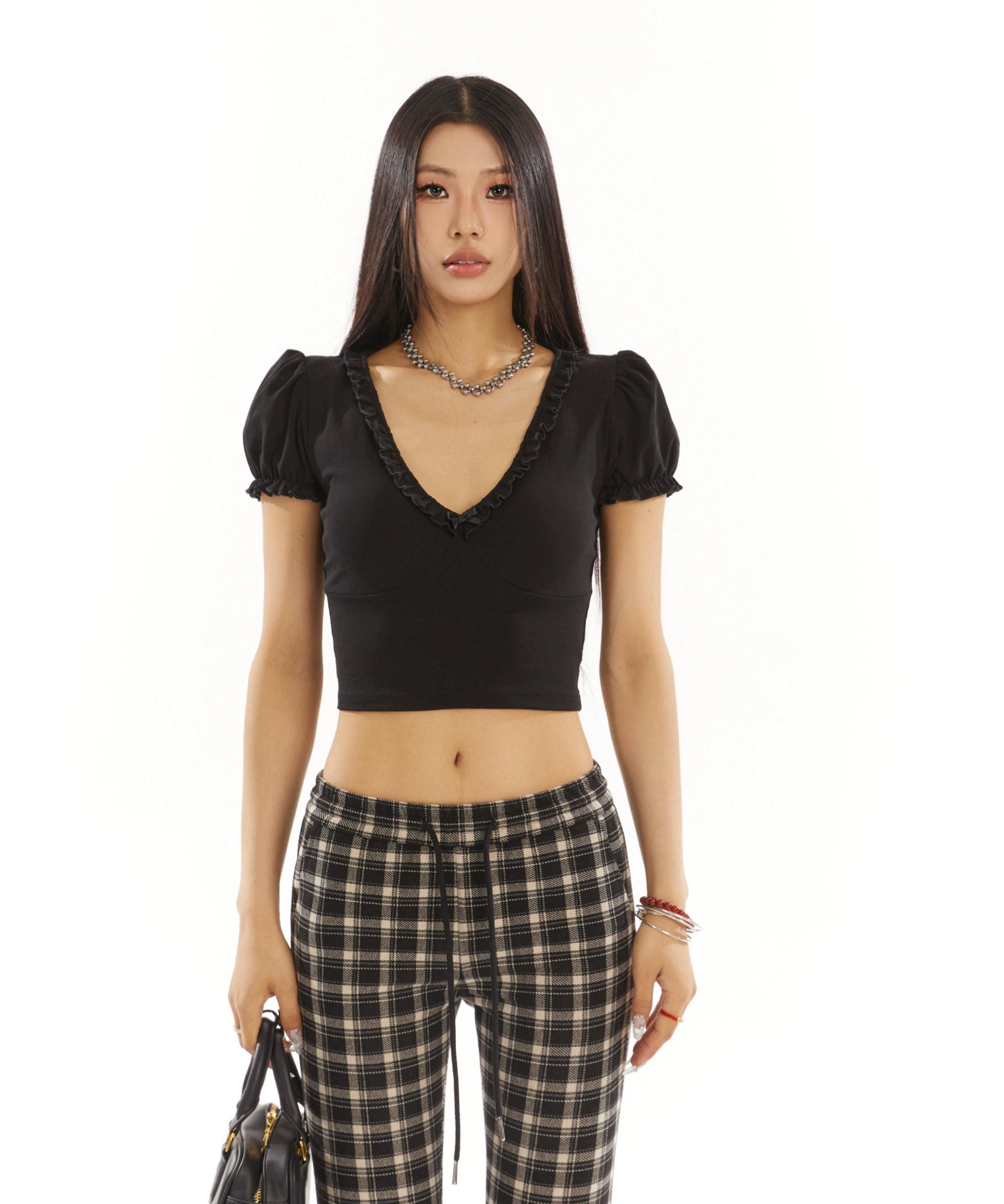 野生zero泡泡袖v领修身显瘦甜辣小上衣女夏季白黑色设计感短款t恤