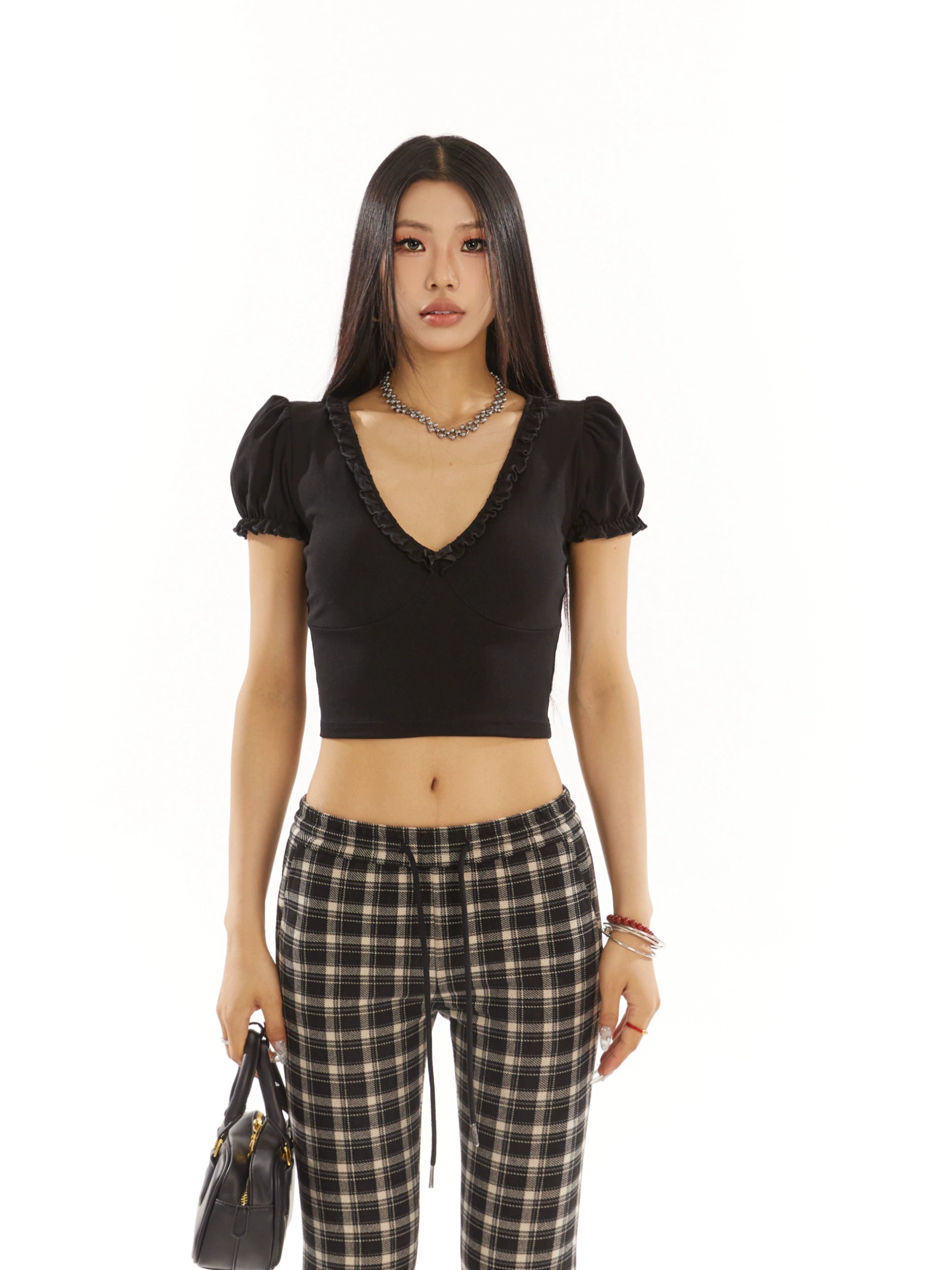 野生zero泡泡袖v领修身显瘦甜辣小上衣女夏季白黑色设计感短款t恤