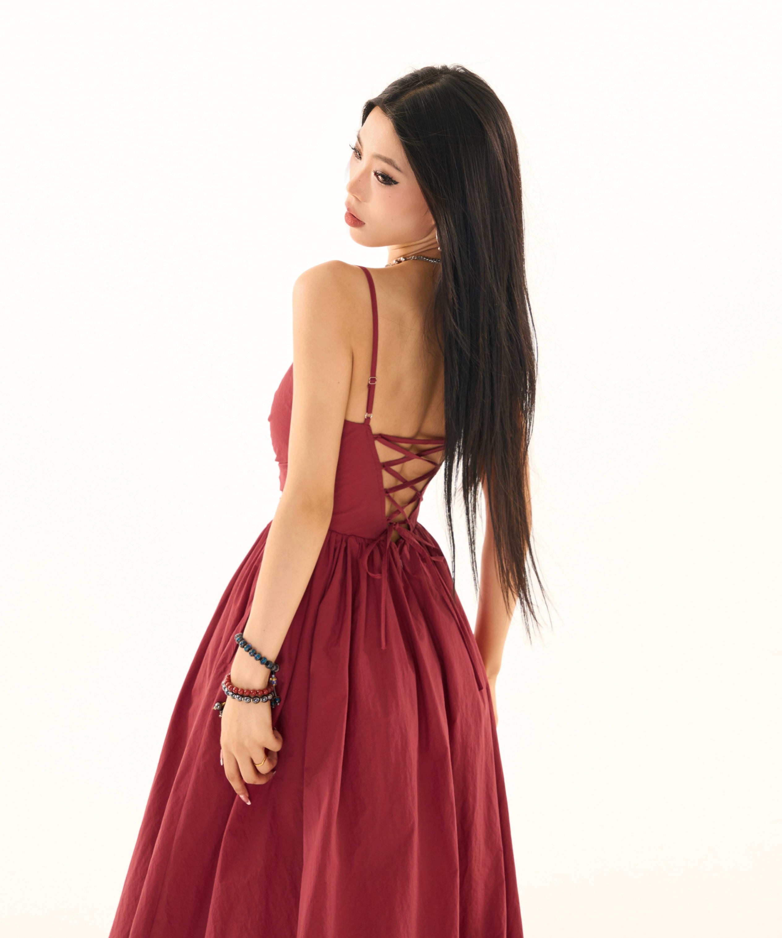 野生zerocircle黑红色v领露背吊带连衣裙女夏季辣妹显瘦a字长裙子