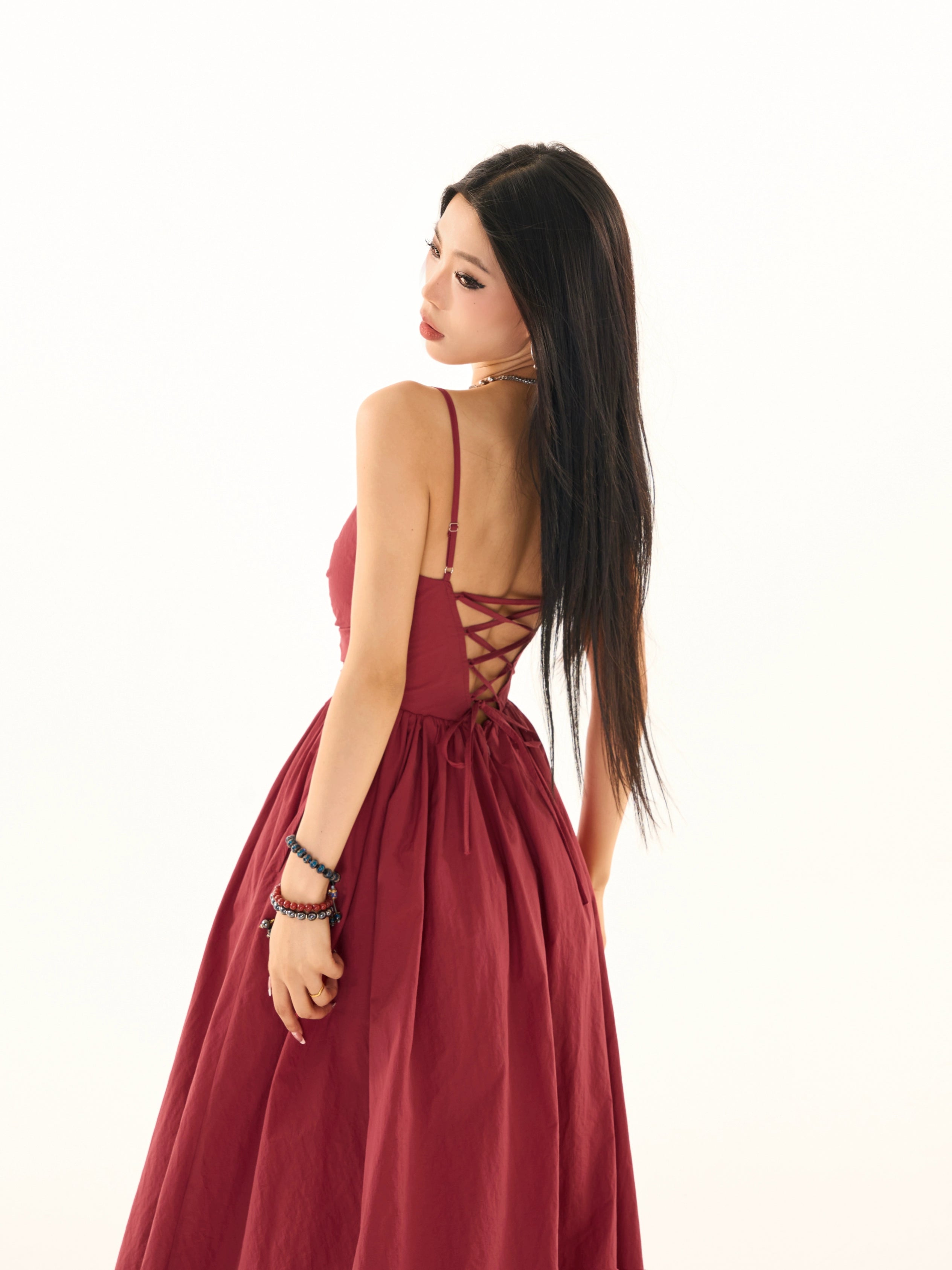 野生zerocircle黑红色v领露背吊带连衣裙女夏季辣妹显瘦a字长裙子