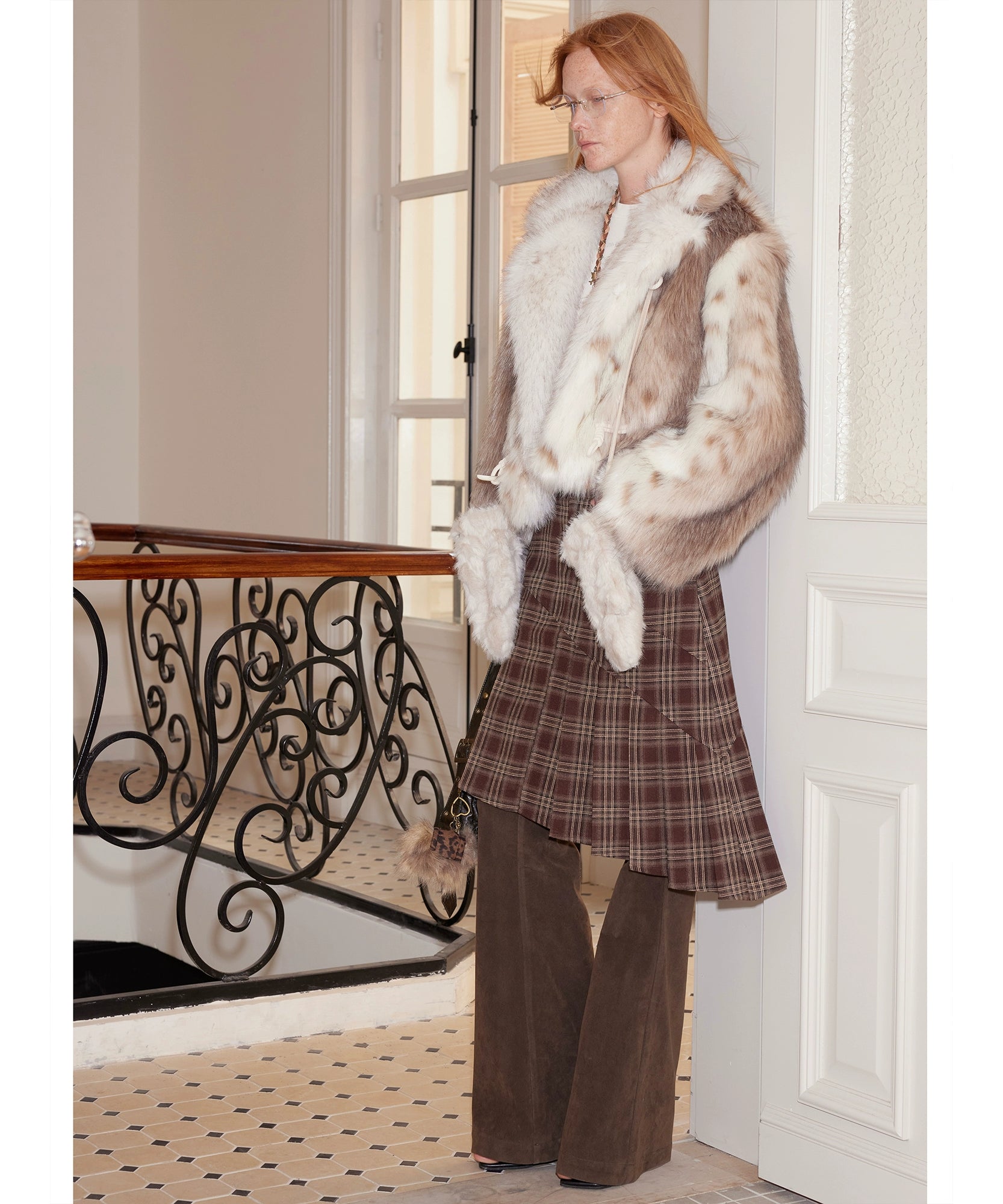 2th Desire叠穿神器格纹拼接设计感假两件微喇麂皮休闲西装裙裤女