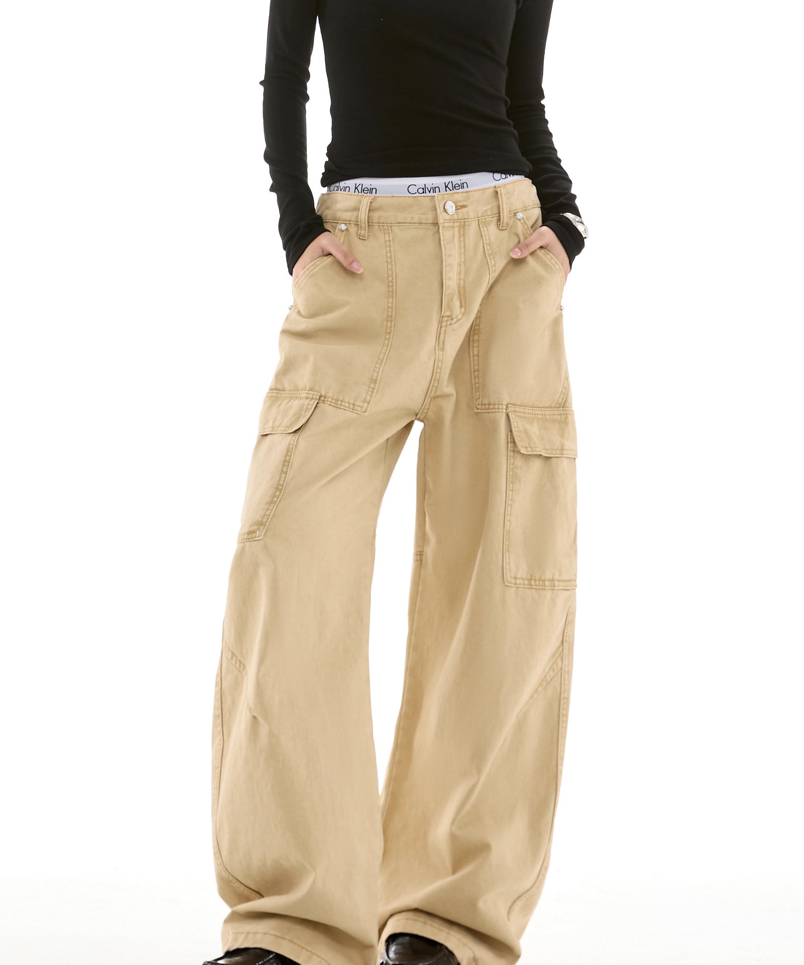 ICH MODE 美式复古拼接休闲裤女新款宽松直筒裤阔腿运动裤工装裤