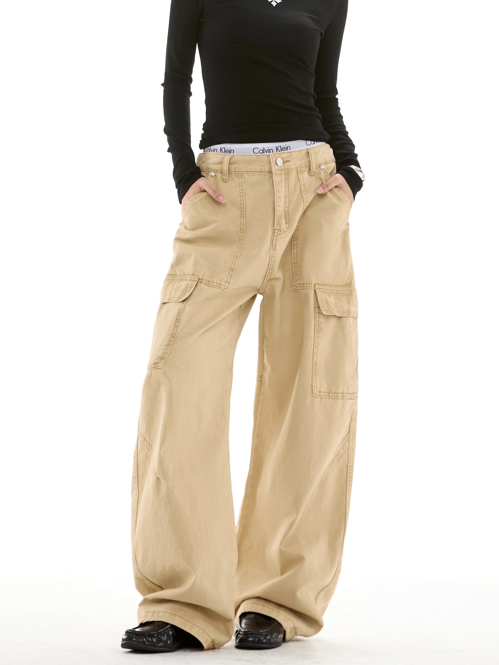 ICH MODE 美式复古拼接休闲裤女新款宽松直筒裤阔腿运动裤工装裤