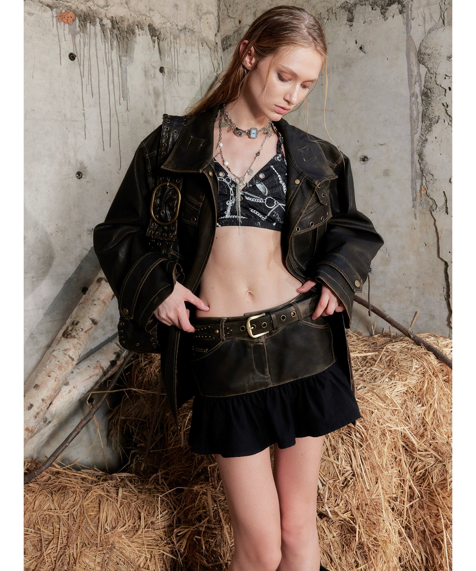 2th Desire美式复古重磅做旧擦色皮衣外套女廓形秋季机车工装夹克