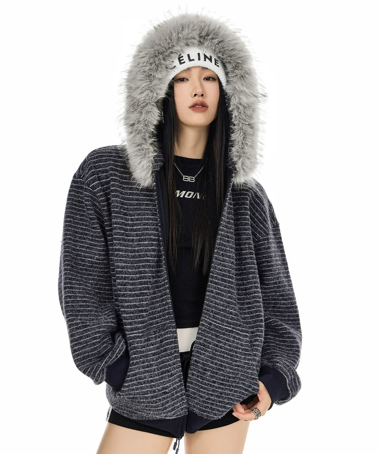 ICH MODE 美式复古条纹毛领连帽卫衣外套女秋冬休闲宽松开衫上衣