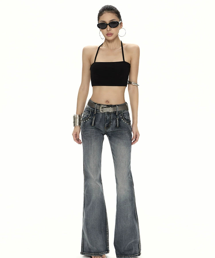 野生zero复古水洗微喇牛仔裤女春秋季辣妹修身显瘦小众设计感裤子