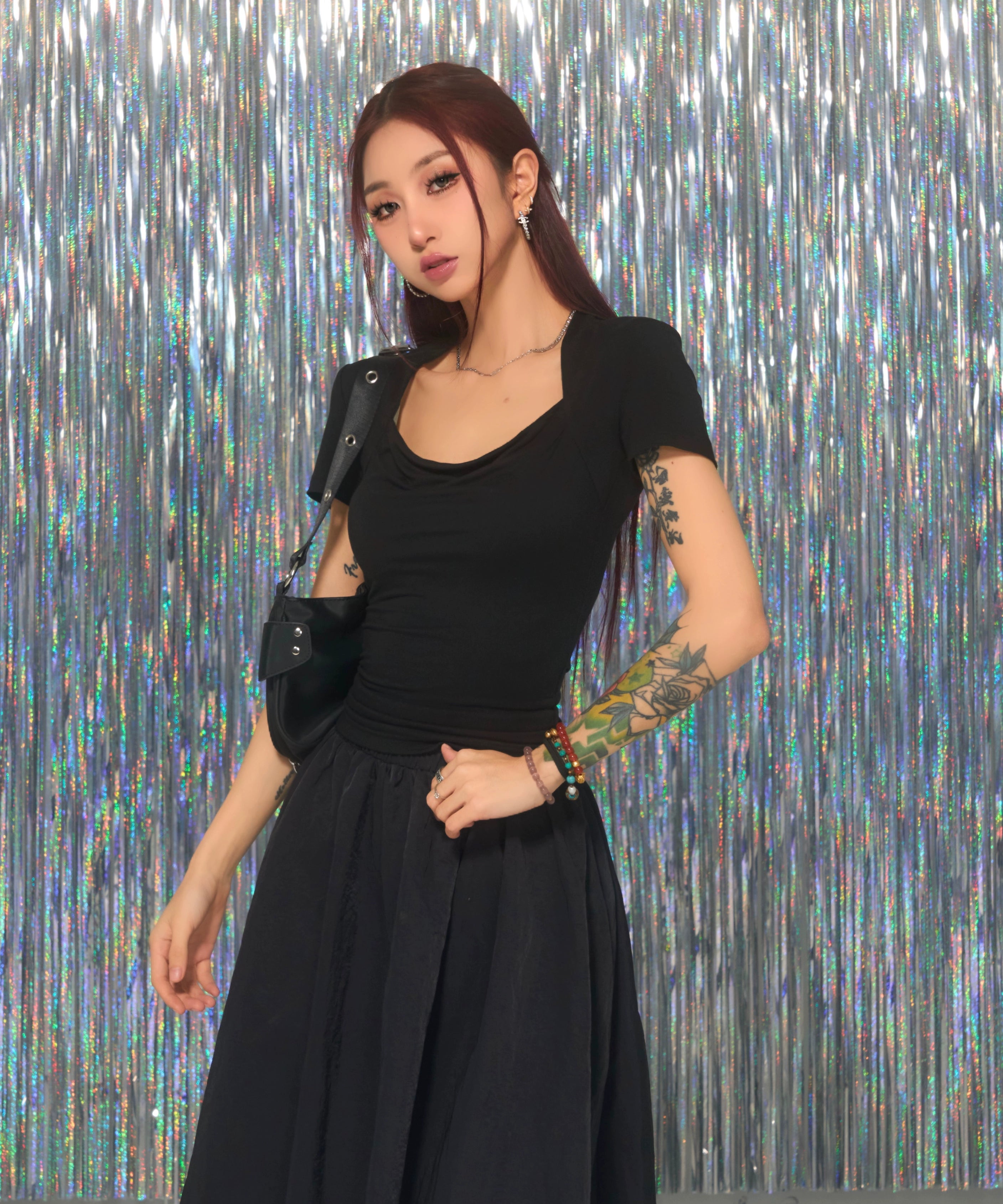 野生zerocircle 黑灰色方领正肩短袖t恤女夏辣妹修身显瘦短款上衣