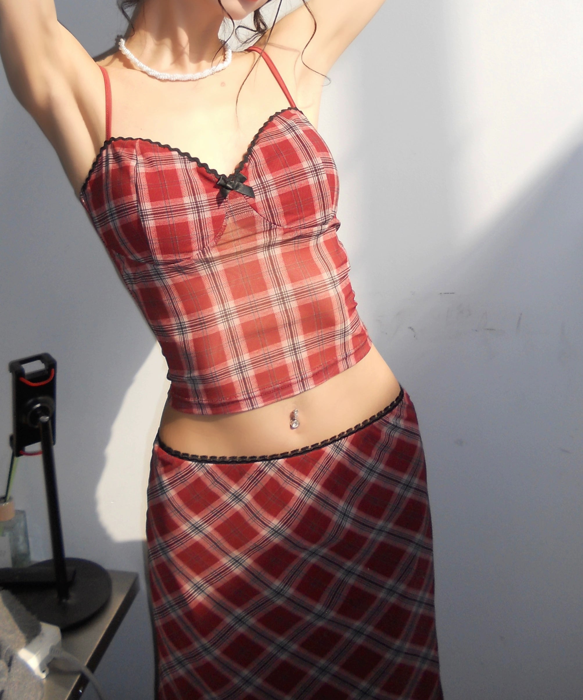 野生zerocircle黑红色格子吊带胸垫背心内搭女春夏季辣妹网纱上衣