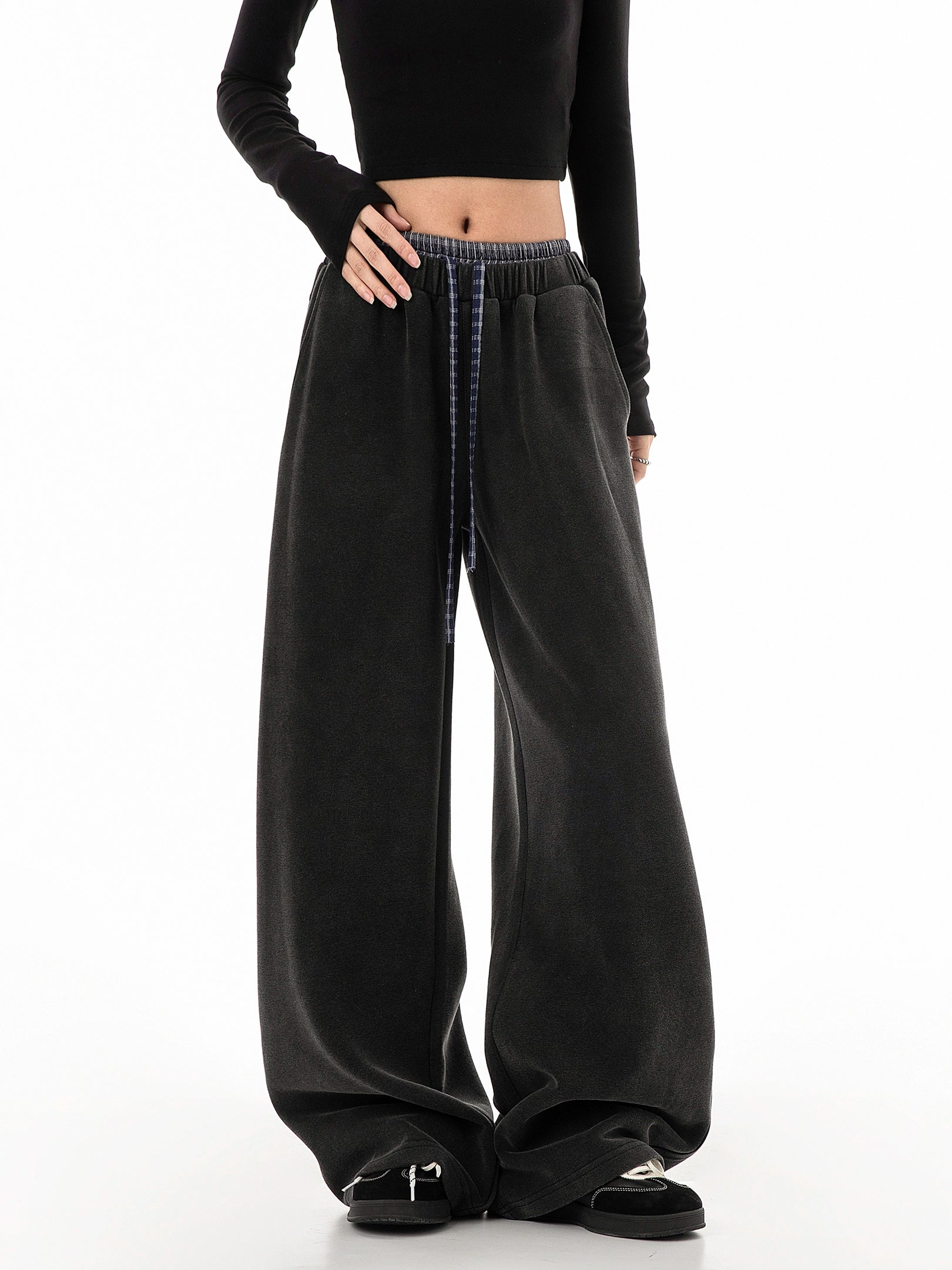 ICH MODE 美式复古格子拼接休闲裤女宽松直筒运动裤百搭阔腿卫裤