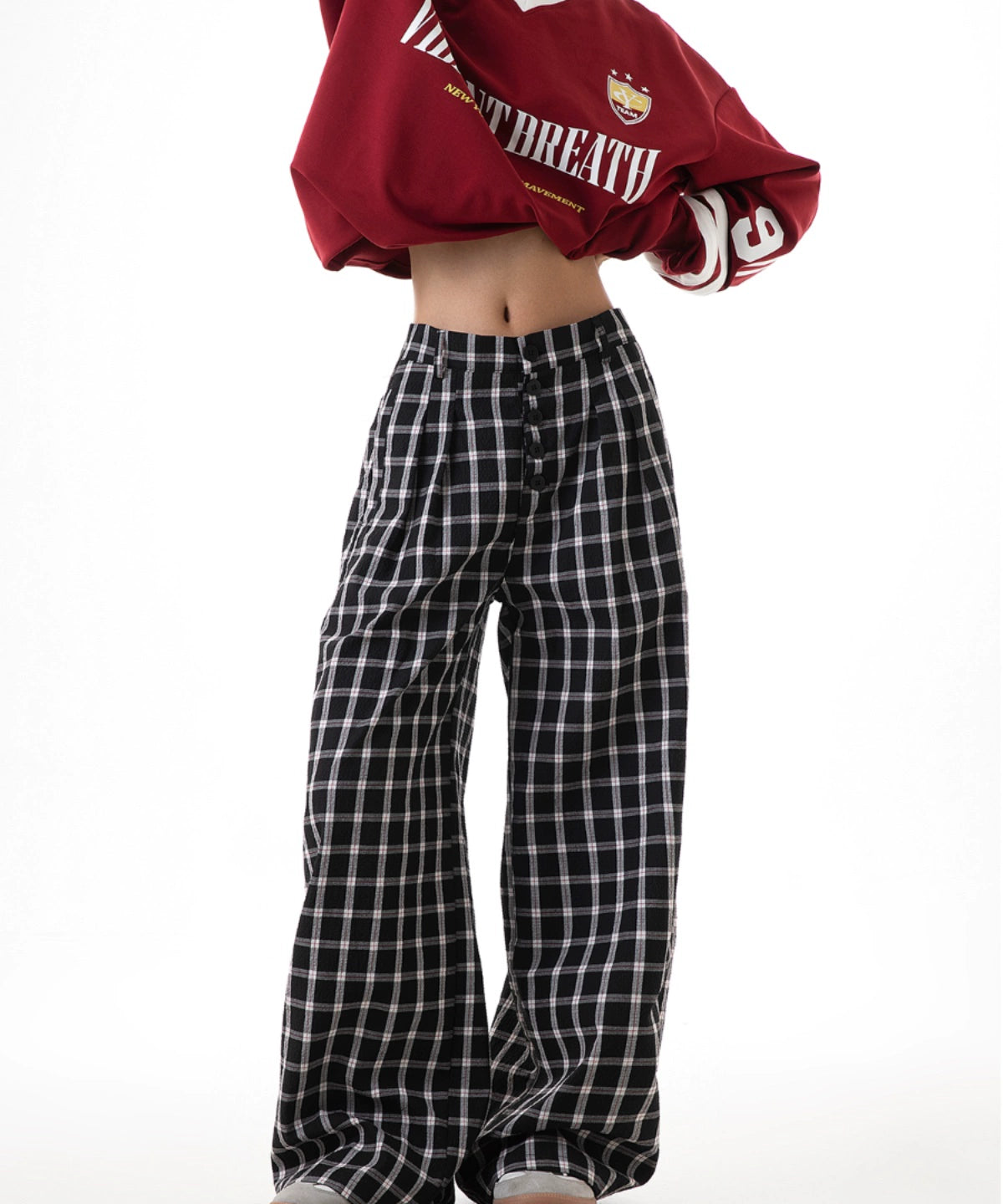 ICH MODE 美式复古格子裤女2025新款秋宽松阔腿裤直筒休闲裤子