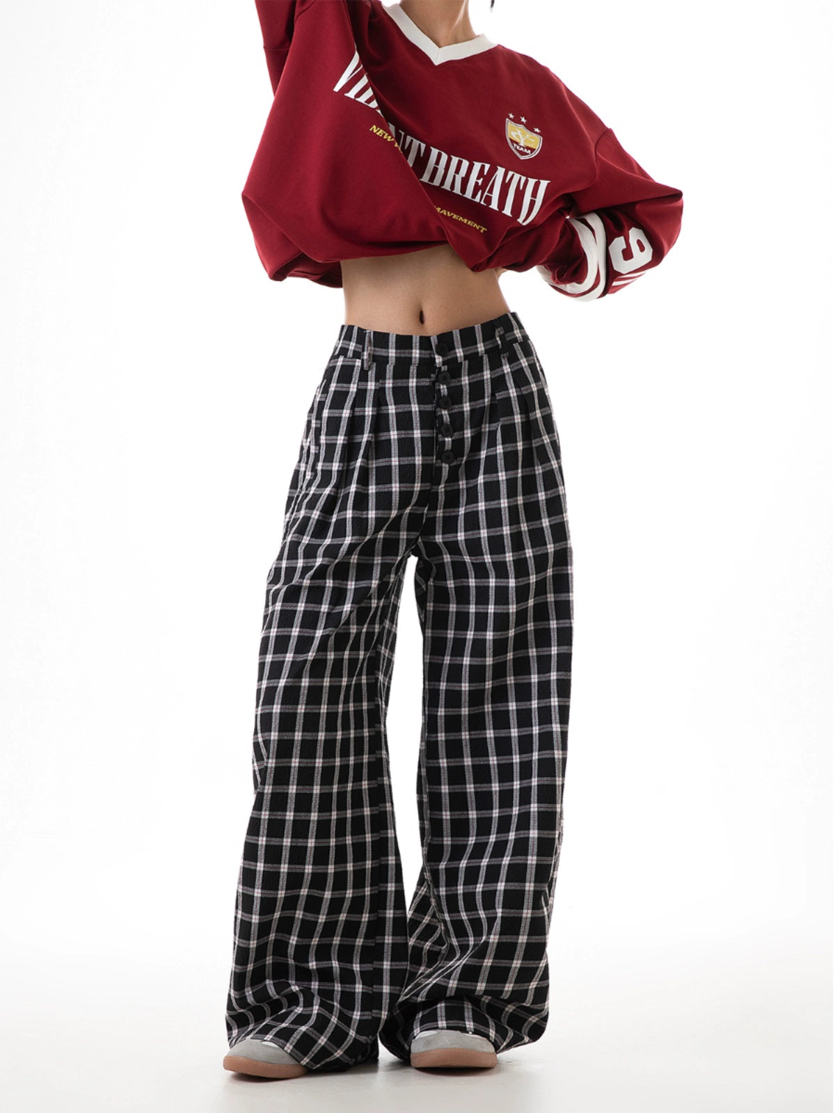 ICH MODE 美式复古格子裤女2025新款秋宽松阔腿裤直筒休闲裤子