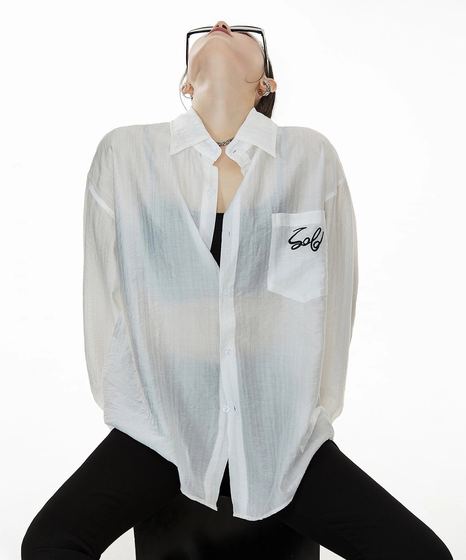 ICH MODE 美式复古刺绣长袖衬衫女夏轻薄物理防晒莱赛尔衬衣外套