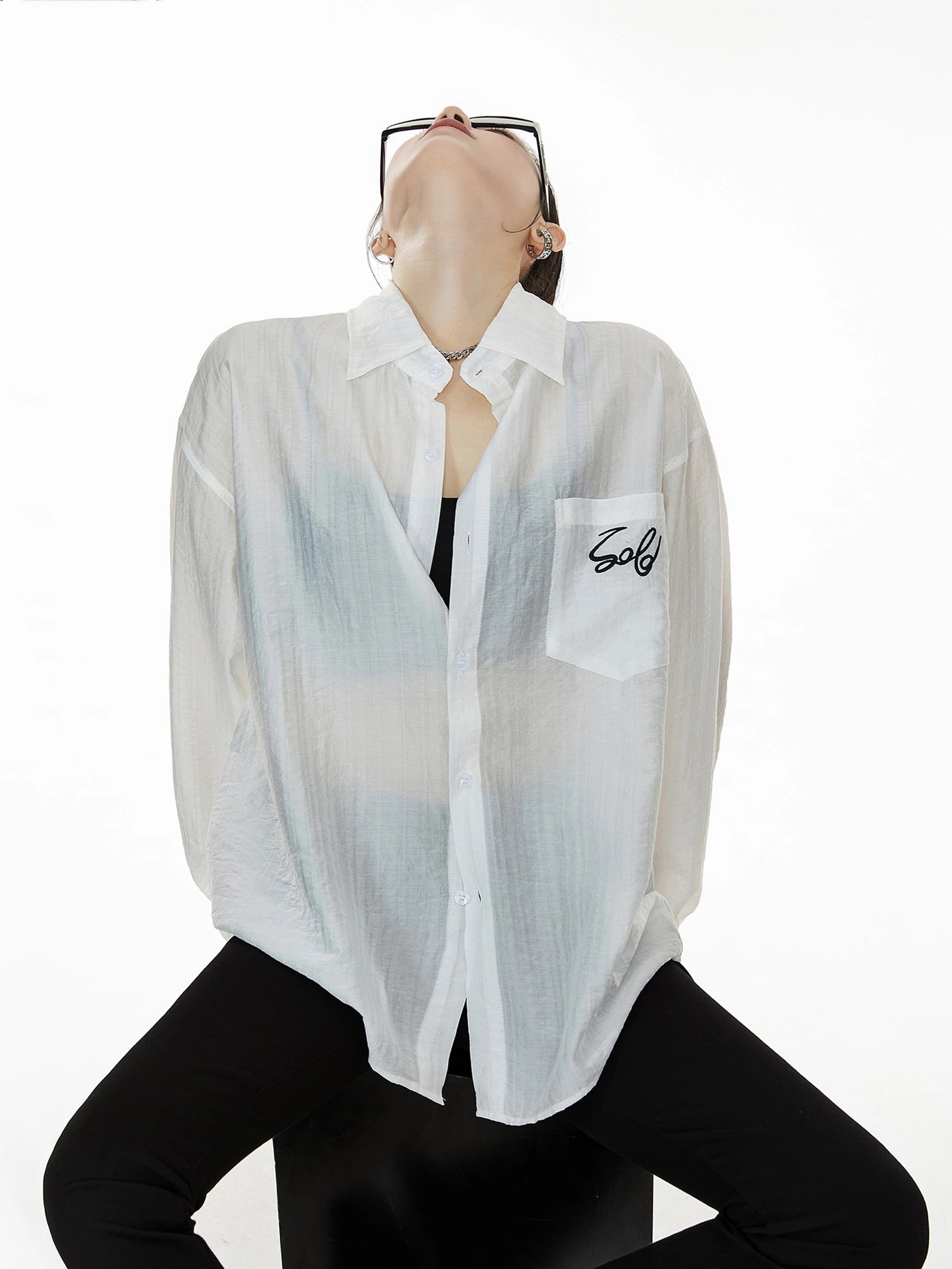 ICH MODE 美式复古刺绣长袖衬衫女夏轻薄物理防晒莱赛尔衬衣外套